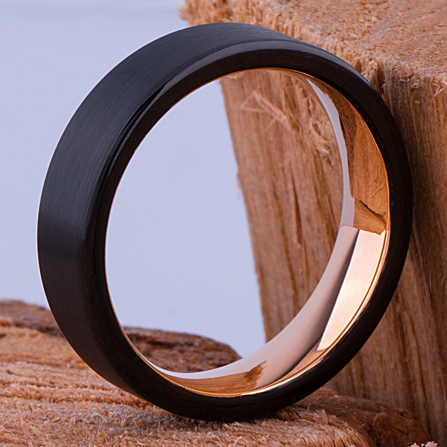 Tungsten Carbide Wedding Ring or Engagement Band 6mm Wide Flat Satin Finish 2-Tone Black & Rose Gold