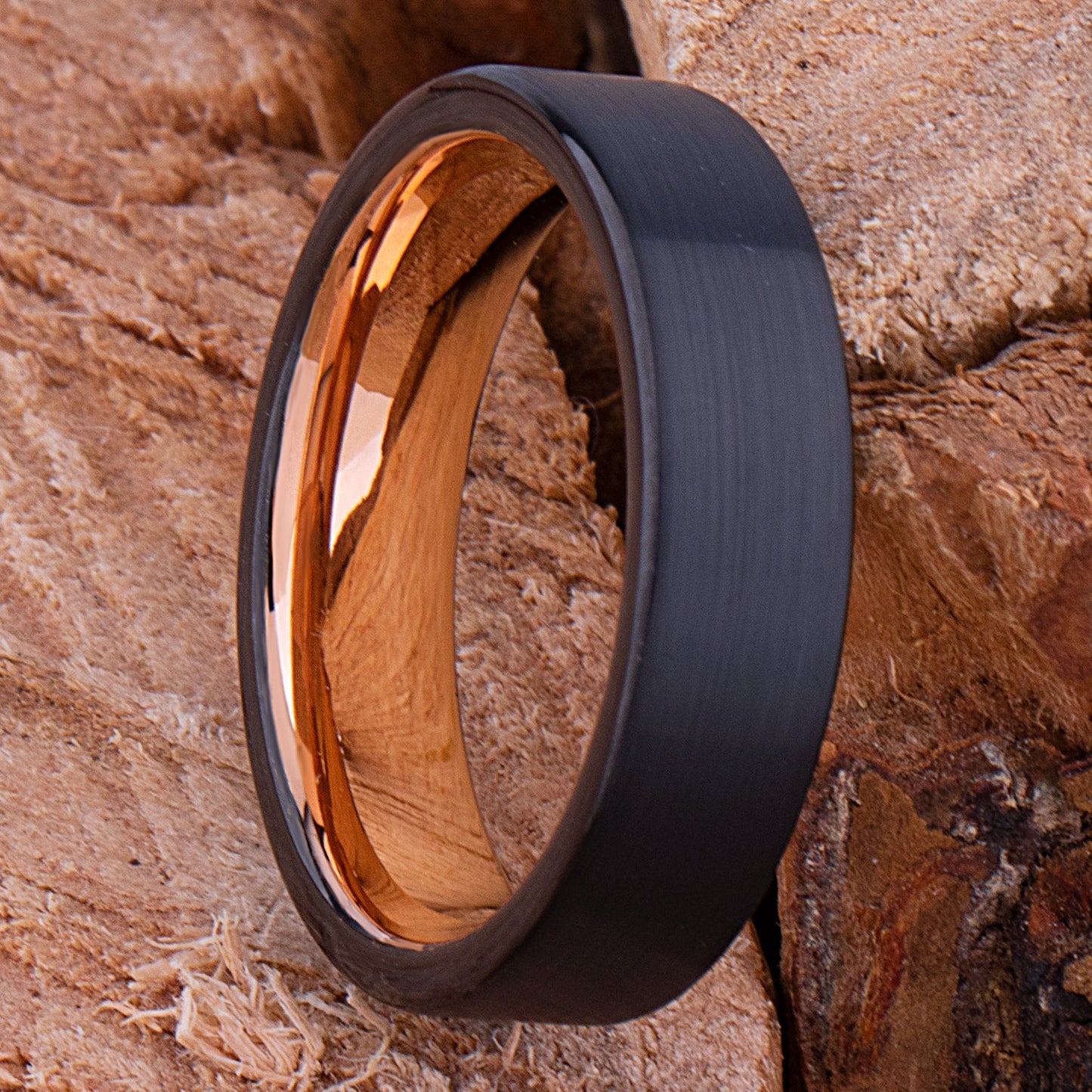 Tungsten Carbide Wedding Ring or Engagement Band 6mm Wide Flat Satin Finish 2-Tone Black & Rose Gold
