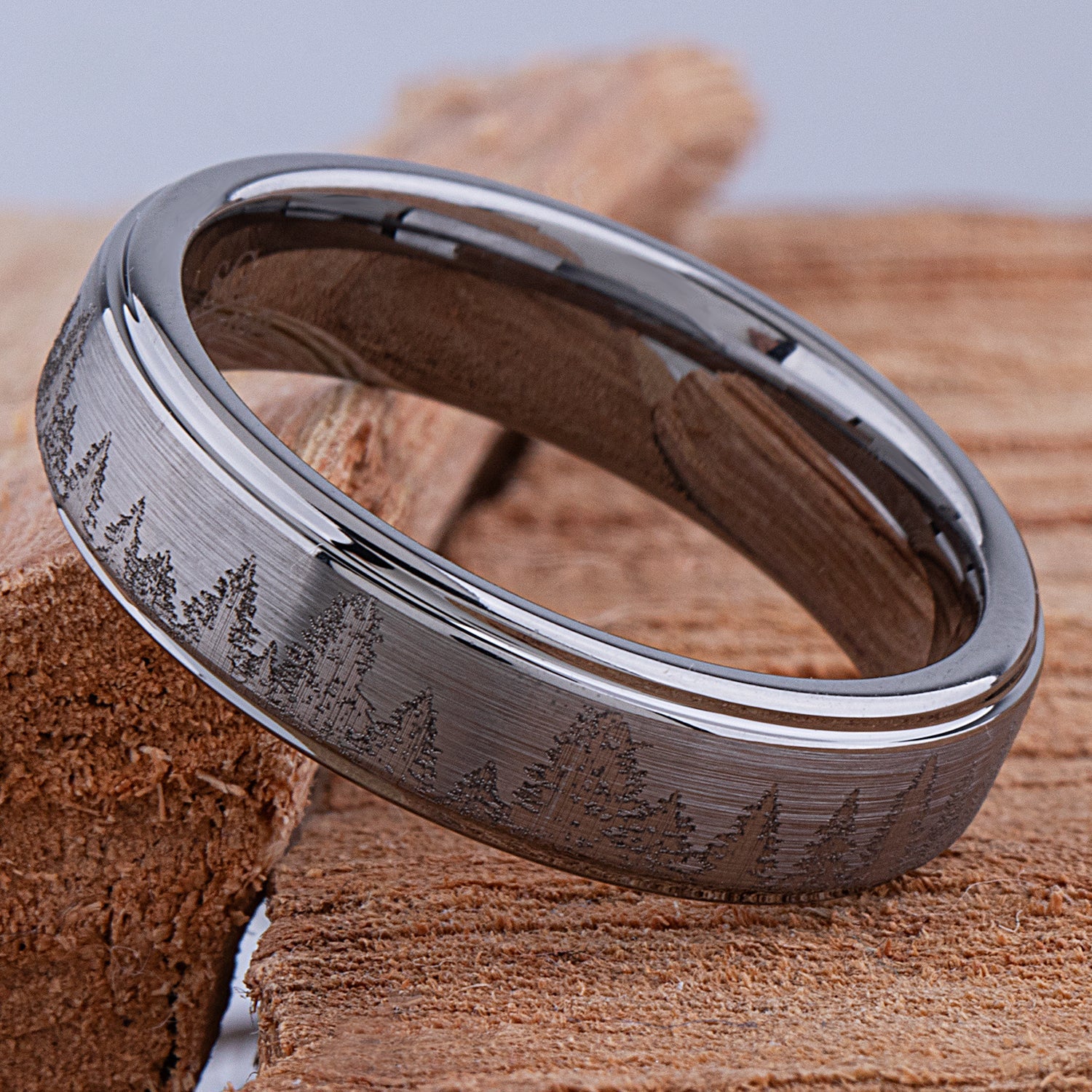 Forest Tungsten Band for Wedding or Engagement 6mm Wide, Unisex Promise Ring, Anniversary Band For Man or Woman, Tungsten Ring Tree Design