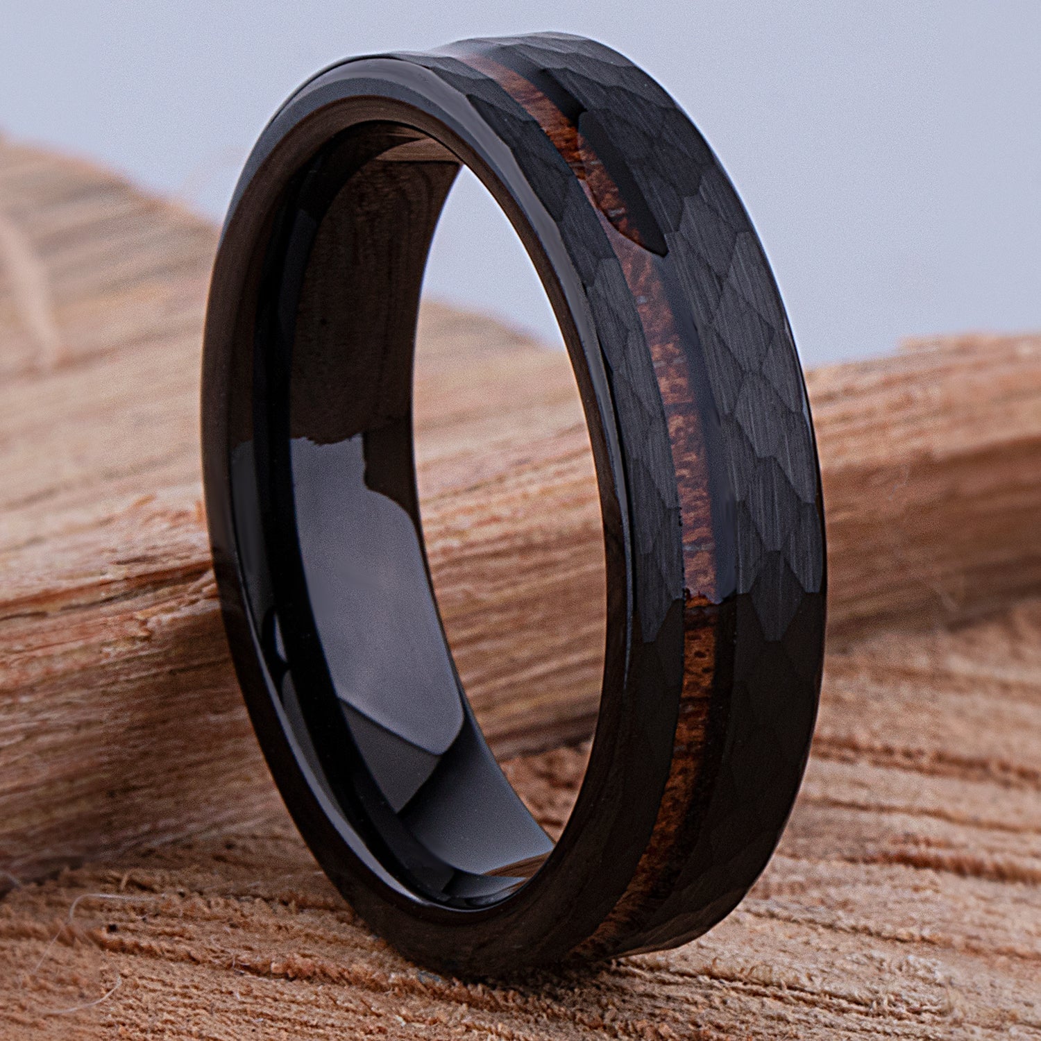 Black Tungsten Wedding Band or Engagement Ring 6mm Wide with Natural Padauk Wood Inlay and Faceted Brush Finish