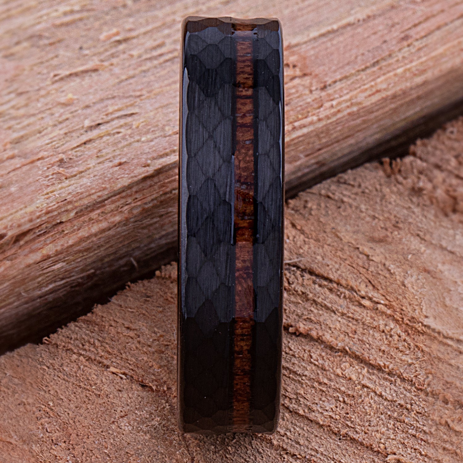 Black Tungsten Wedding Band or Engagement Ring 6mm Wide with Natural Padauk Wood Inlay and Faceted Brush Finish