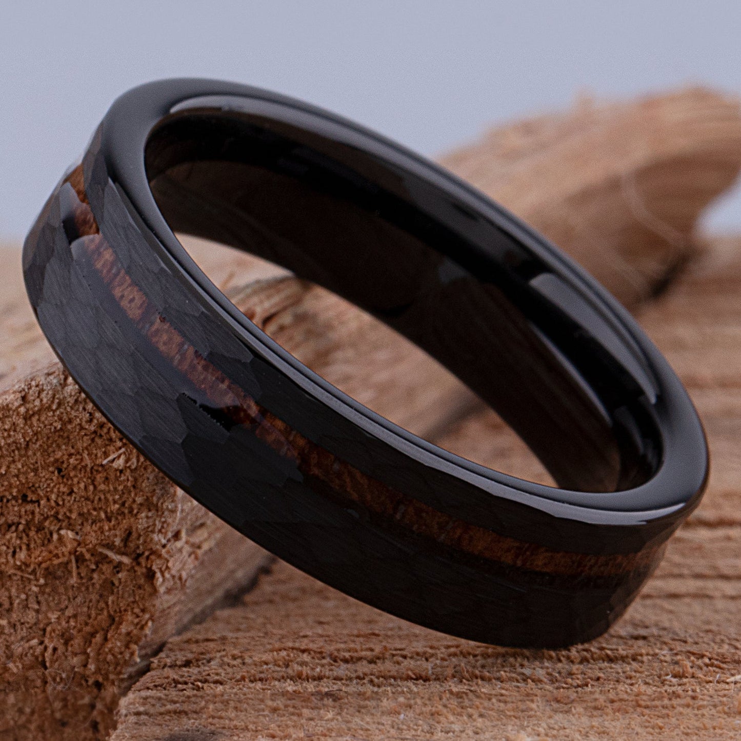Black Tungsten Wedding Band or Engagement Ring 6mm Wide with Natural Padauk Wood Inlay and Faceted Brush Finish