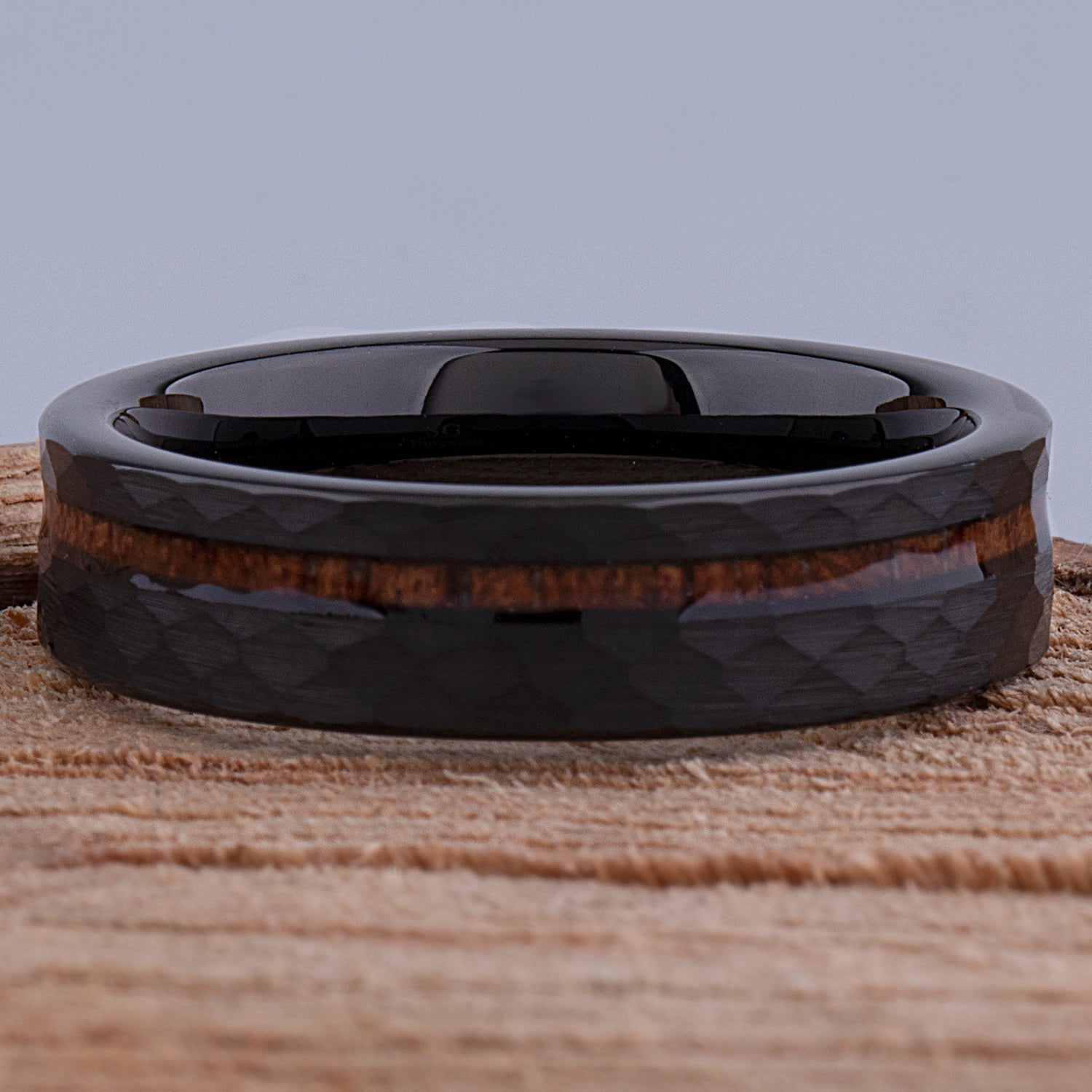 Black Tungsten Wedding Band or Engagement Ring 6mm Wide with Natural Padauk Wood Inlay and Faceted Brush Finish