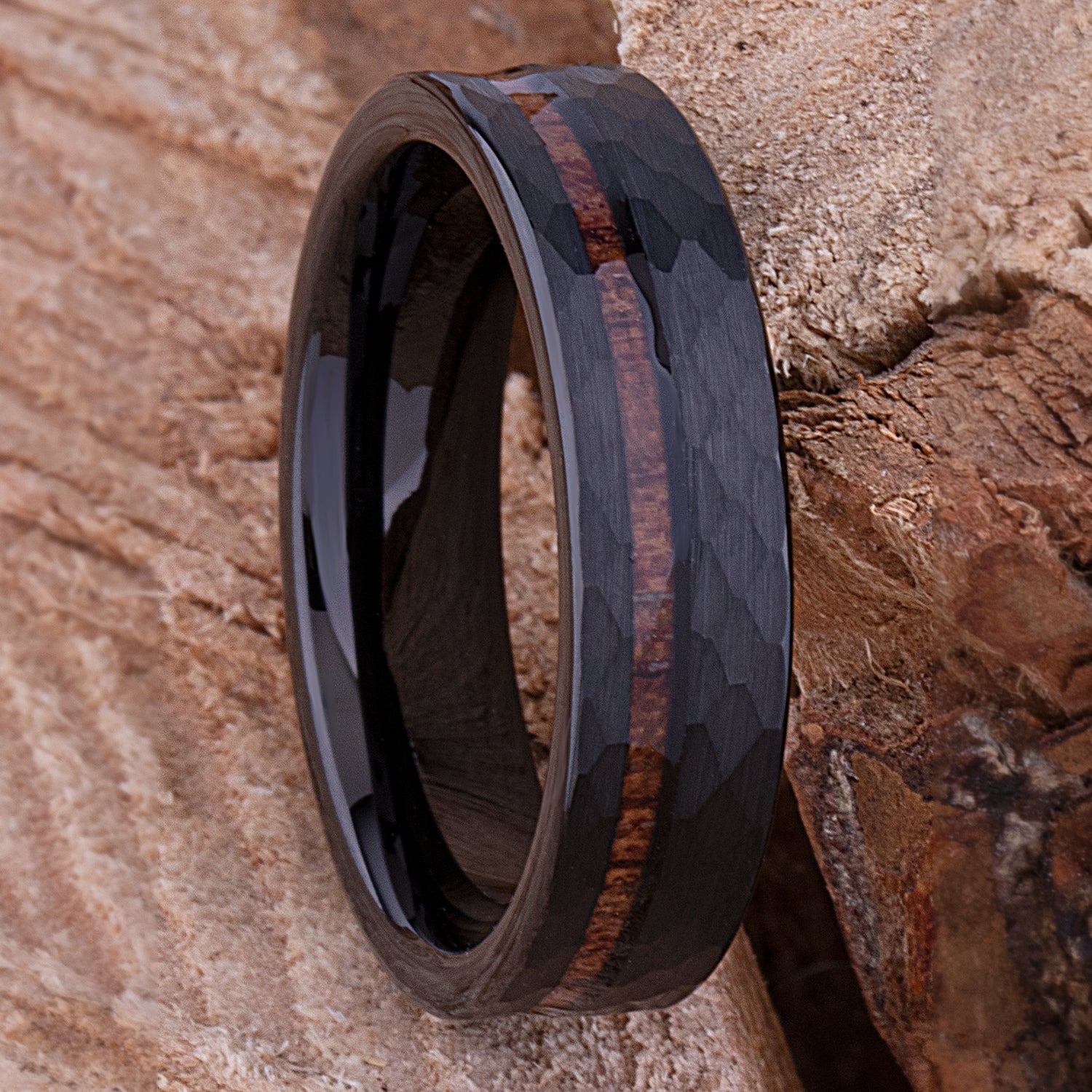 Black Tungsten Wedding Band or Engagement Ring 6mm Wide with Natural Padauk Wood Inlay and Faceted Brush Finish