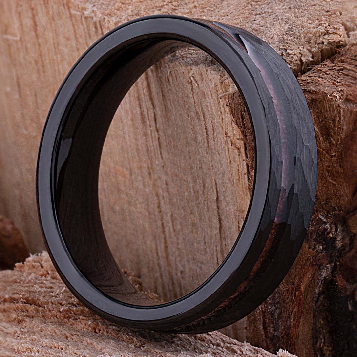 Black Tungsten Wedding Band or Engagement Ring 6mm Wide with Natural Padauk Wood Inlay and Faceted Brush Finish
