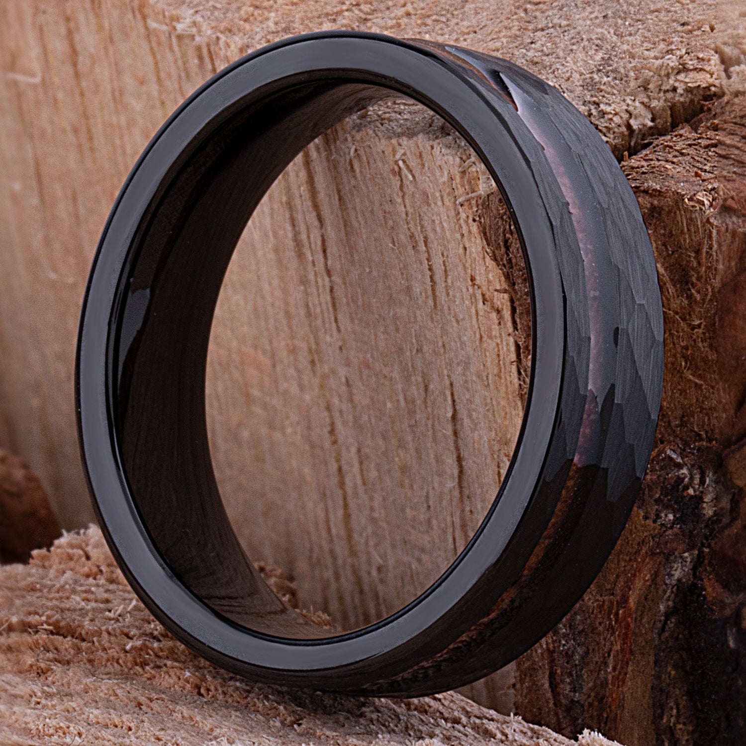 Black Tungsten Wedding Band or Engagement Ring 6mm Wide with Natural Padauk Wood Inlay and Faceted Brush Finish