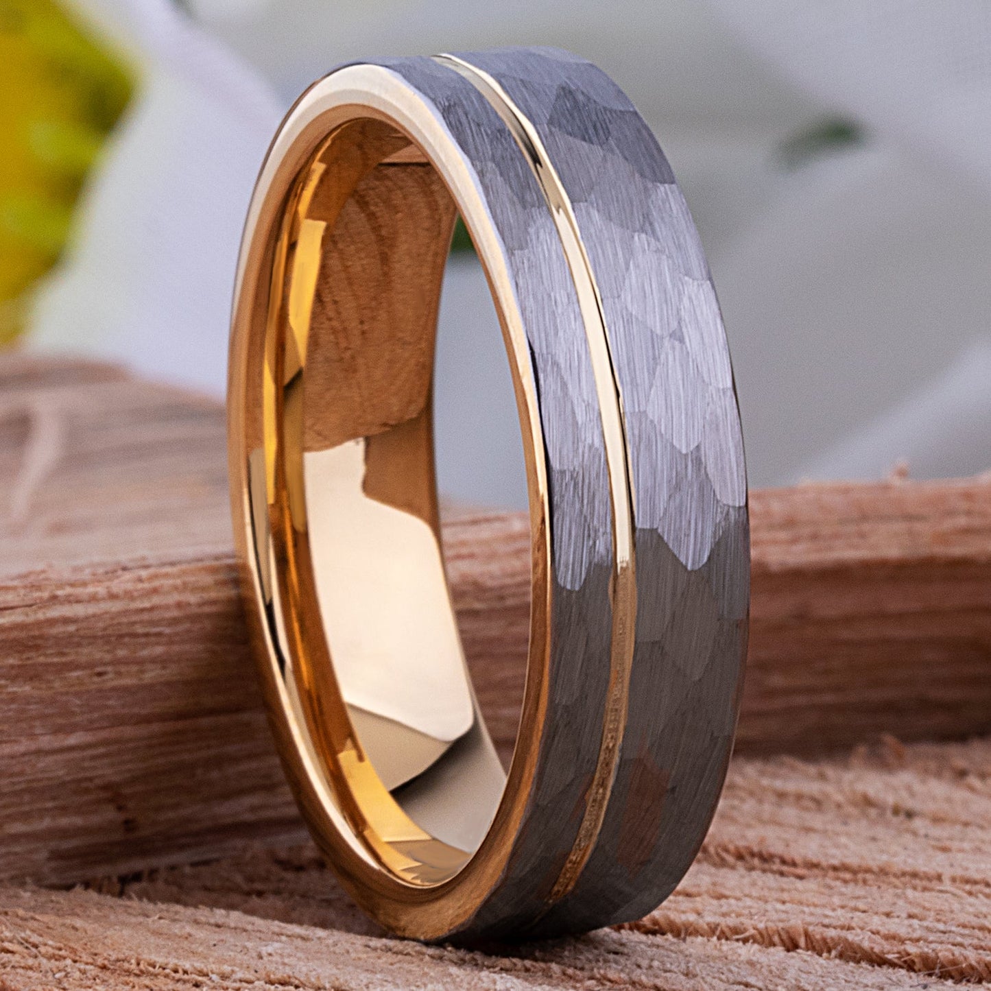 Unique Tungsten Wedding Band 6mm, Brushed Diamond Cut Surface, Yellow Gold Groove & Interior, Promise Ring for Him or Her
