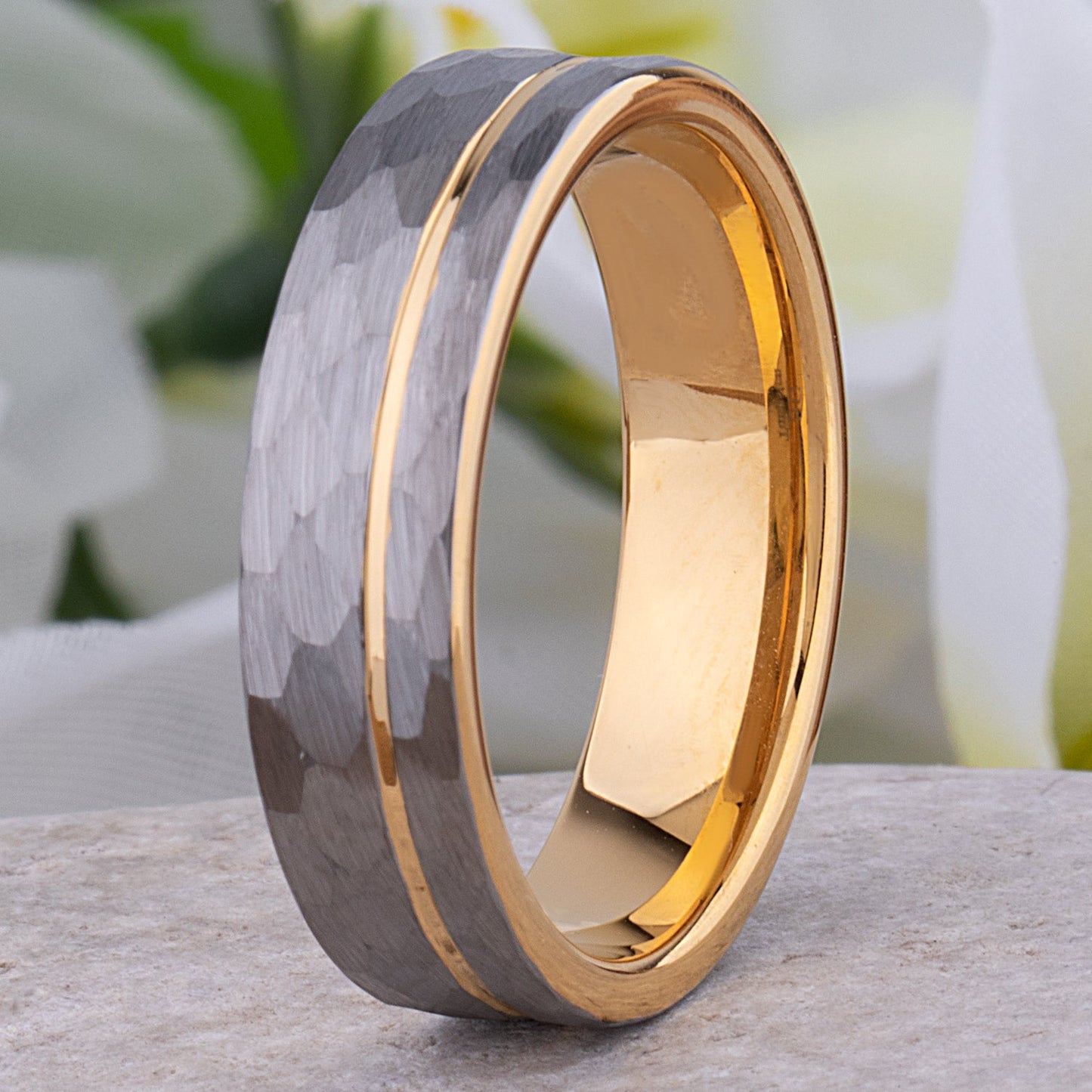 Unique Tungsten Wedding Band 6mm, Brushed Diamond Cut Surface, Yellow Gold Groove & Interior, Promise Ring for Him or Her