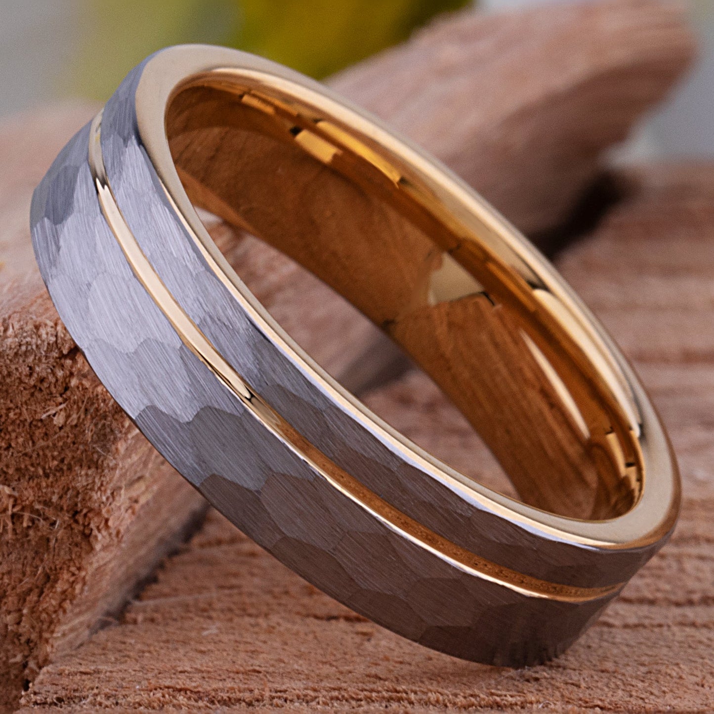 Unique Tungsten Wedding Band 6mm, Brushed Diamond Cut Surface, Yellow Gold Groove & Interior, Promise Ring for Him or Her