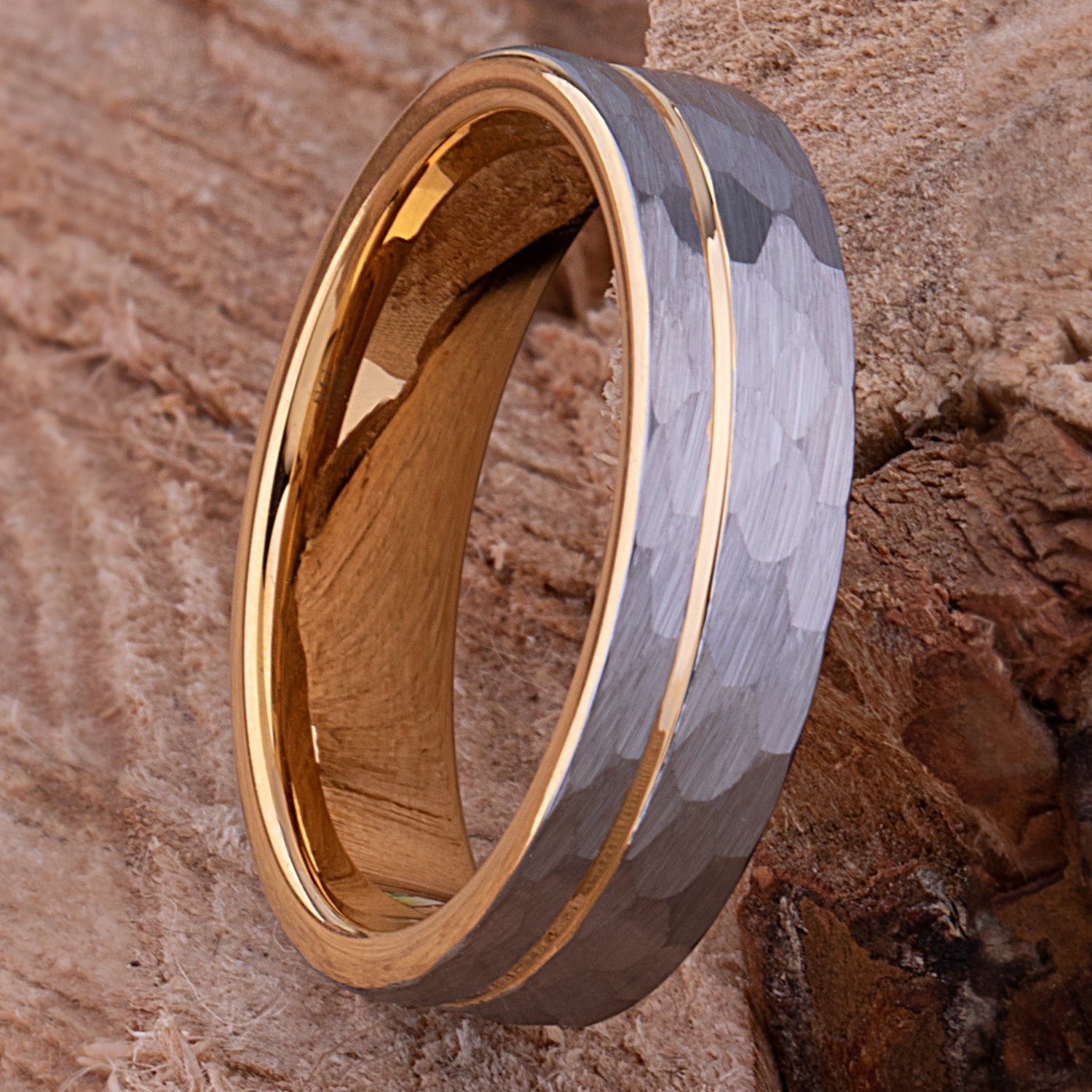 Unique Tungsten Wedding Band 6mm, Brushed Diamond Cut Surface, Yellow Gold Groove & Interior, Promise Ring for Him or Her