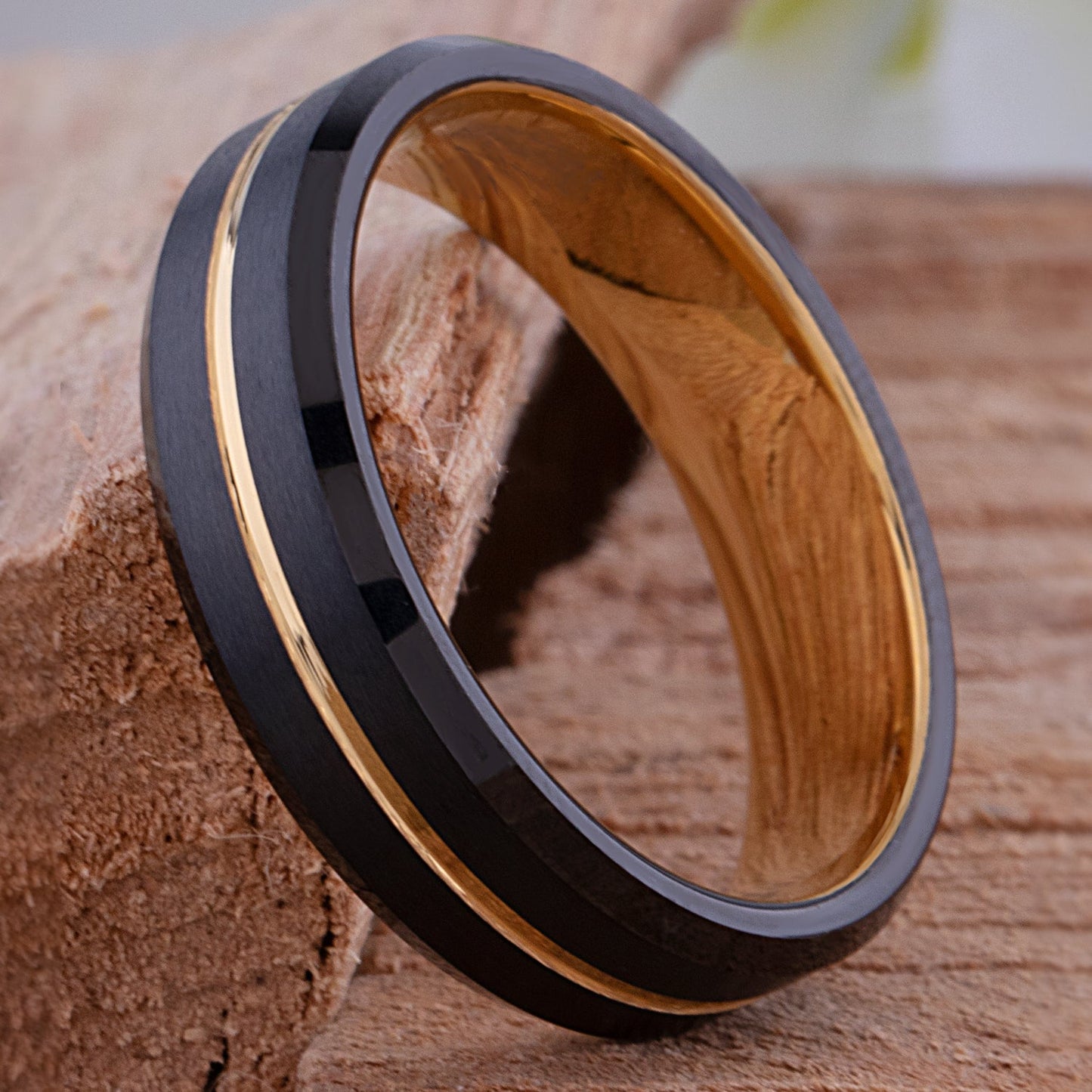 Tungsten Wedding Band or Engagement Ring 6mm Wide with Midnight Black and Yellow Gold IP Plating, Beveled Edges