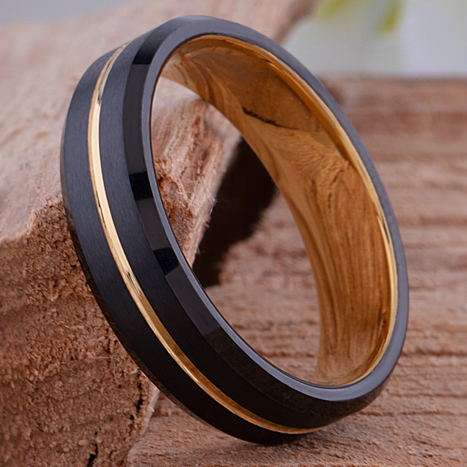 Tungsten Wedding Band or Engagement Ring 6mm Wide with Midnight Black and Yellow Gold IP Plating, Beveled Edges