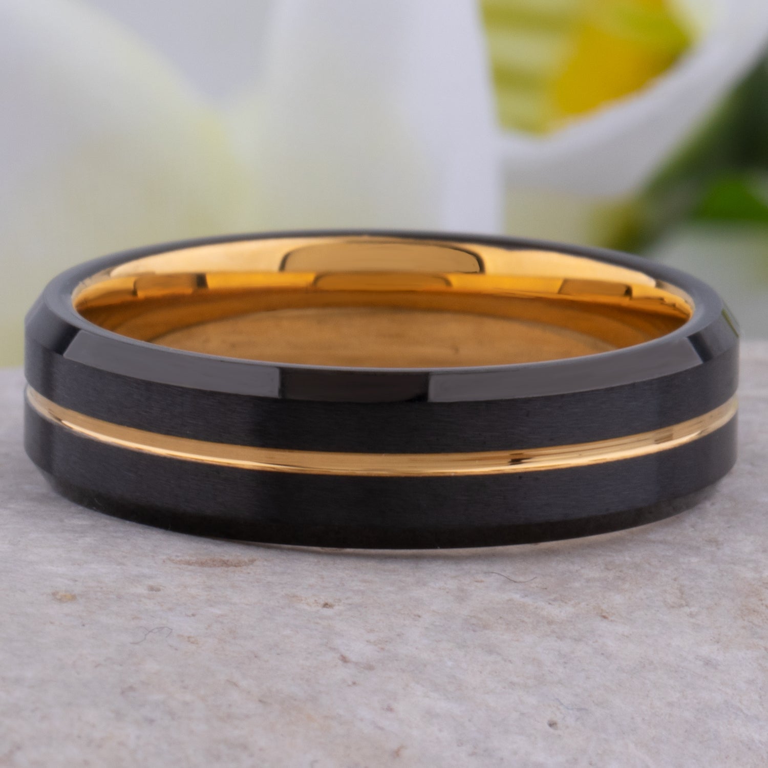 Tungsten Wedding Band or Engagement Ring 6mm Wide with Midnight Black and Yellow Gold IP Plating, Beveled Edges
