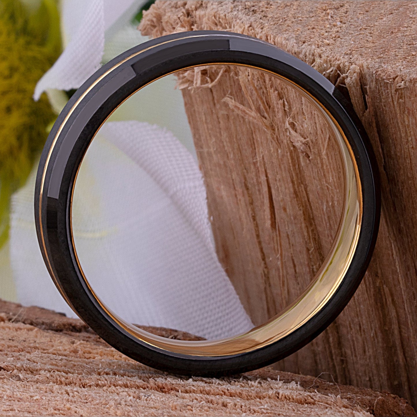 Tungsten Wedding Band or Engagement Ring 6mm Wide with Midnight Black and Yellow Gold IP Plating, Beveled Edges