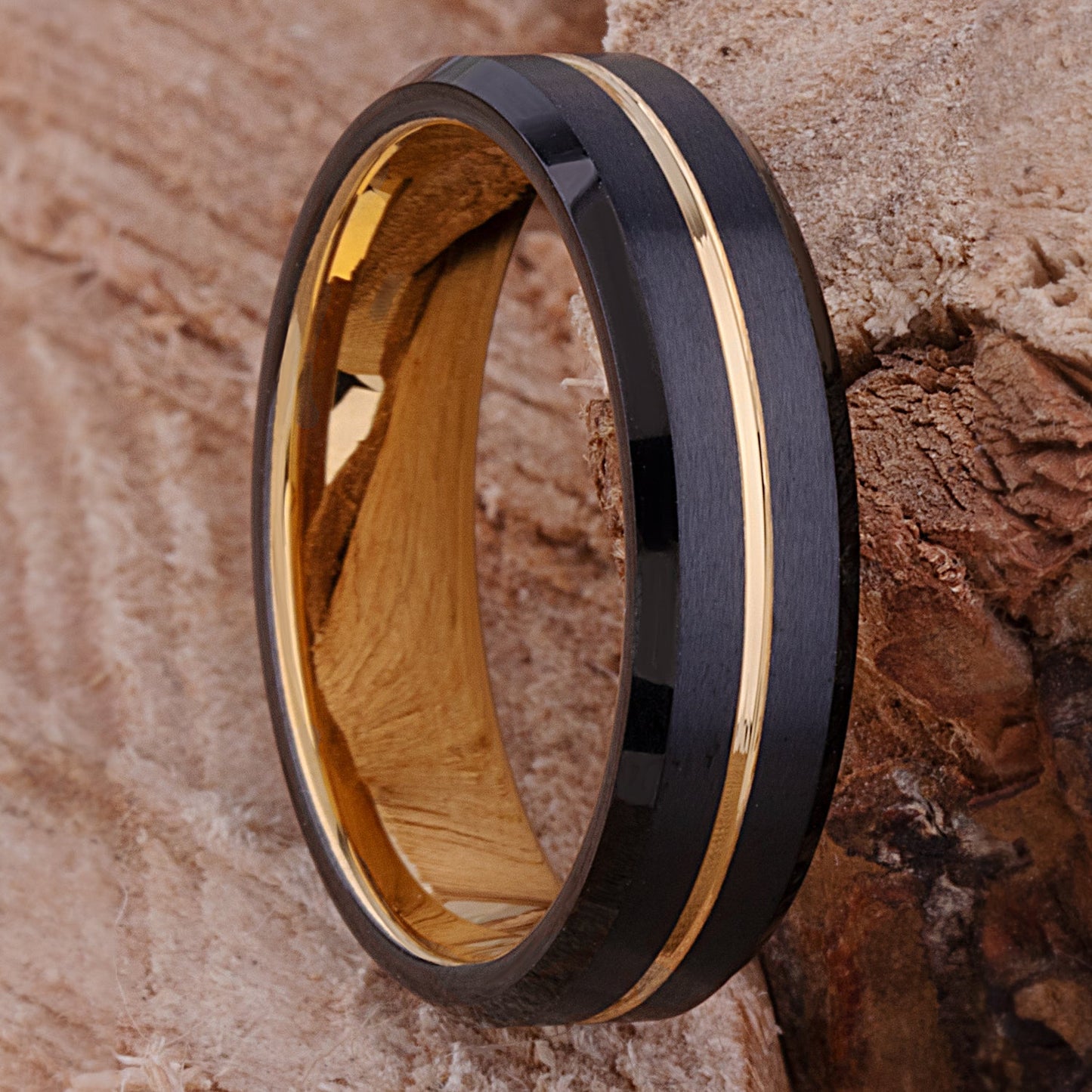 Tungsten Wedding Band or Engagement Ring 6mm Wide with Midnight Black and Yellow Gold IP Plating, Beveled Edges