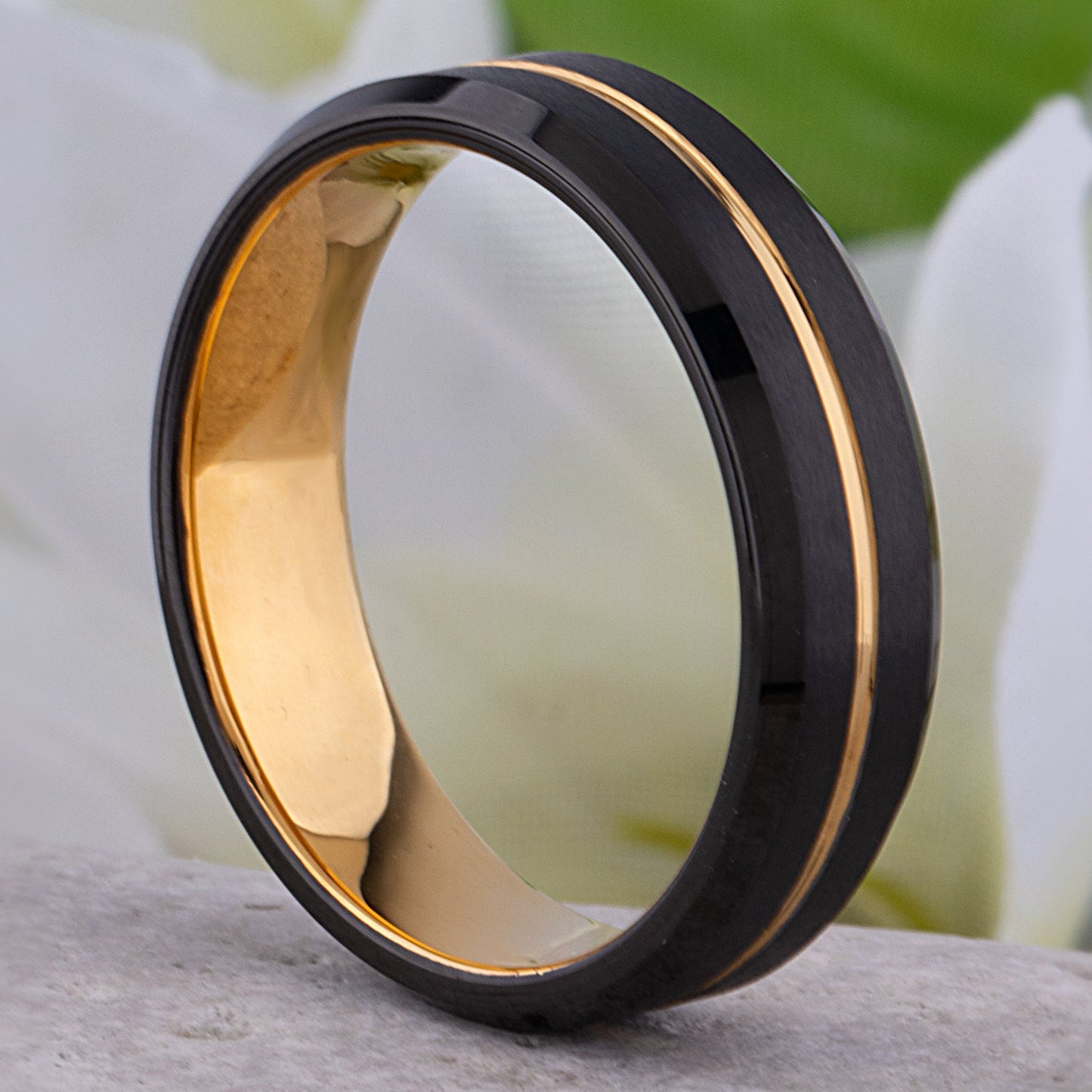Tungsten Wedding Band or Engagement Ring 6mm Wide with Midnight Black and Yellow Gold IP Plating, Beveled Edges