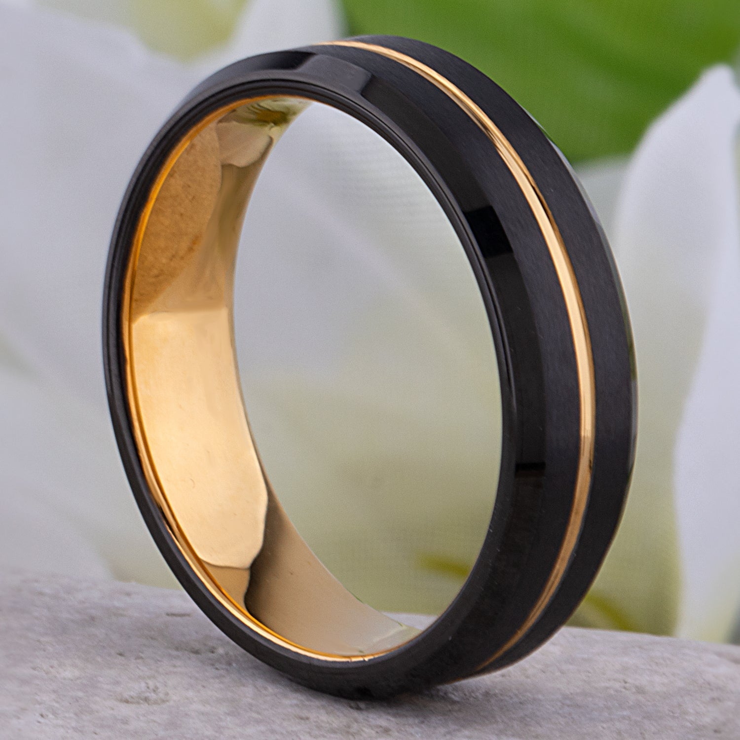 Tungsten Wedding Band or Engagement Ring 6mm Wide with Midnight Black and Yellow Gold IP Plating, Beveled Edges