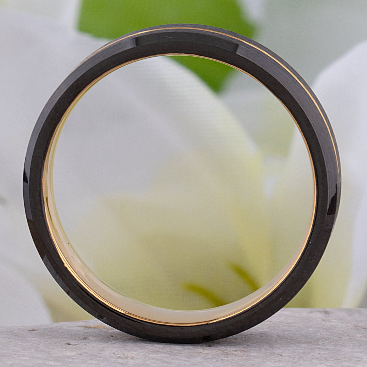 Tungsten Wedding Band or Engagement Ring 6mm Wide with Midnight Black and Yellow Gold IP Plating, Beveled Edges