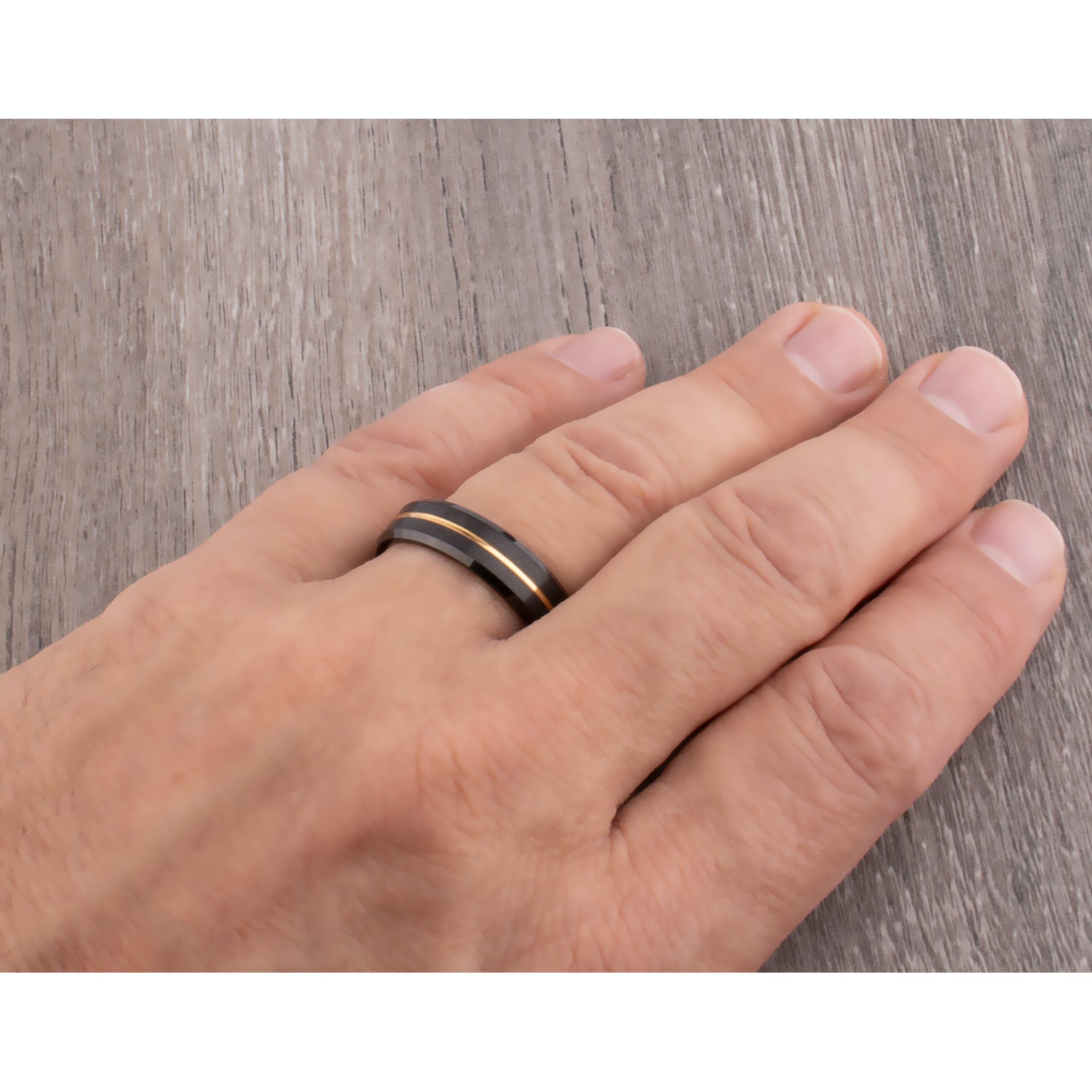 Tungsten Wedding Band or Engagement Ring 6mm Wide with Midnight Black and Yellow Gold IP Plating, Beveled Edges