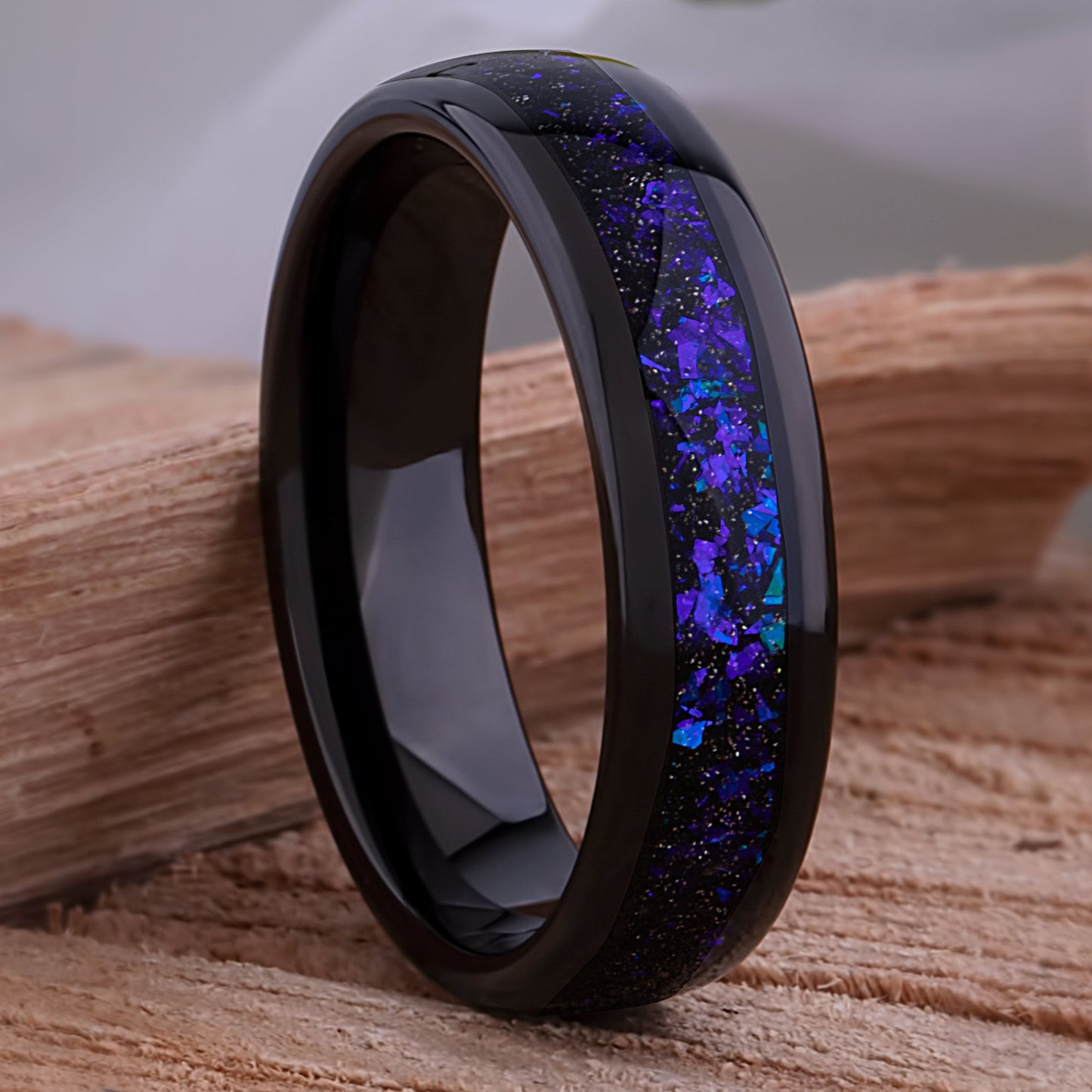 Celestial Galaxy Tungsten Wedding Band or Engagement Ring 6mm Wide Black IP Plating with Crushed Sandstone Inlay that Mimics the Orion Nebula