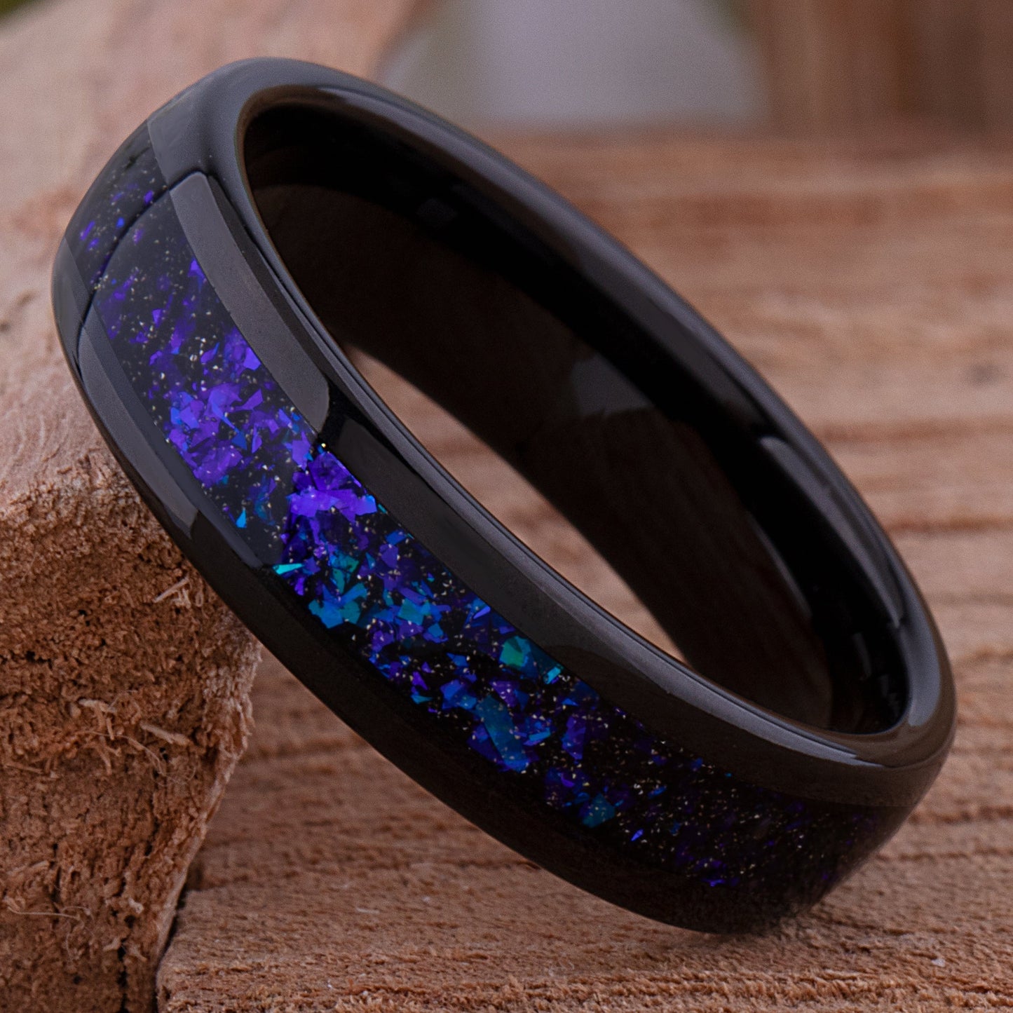Celestial Galaxy Tungsten Wedding Band or Engagement Ring 6mm Wide Black IP Plating with Crushed Sandstone Inlay that Mimics the Orion Nebula