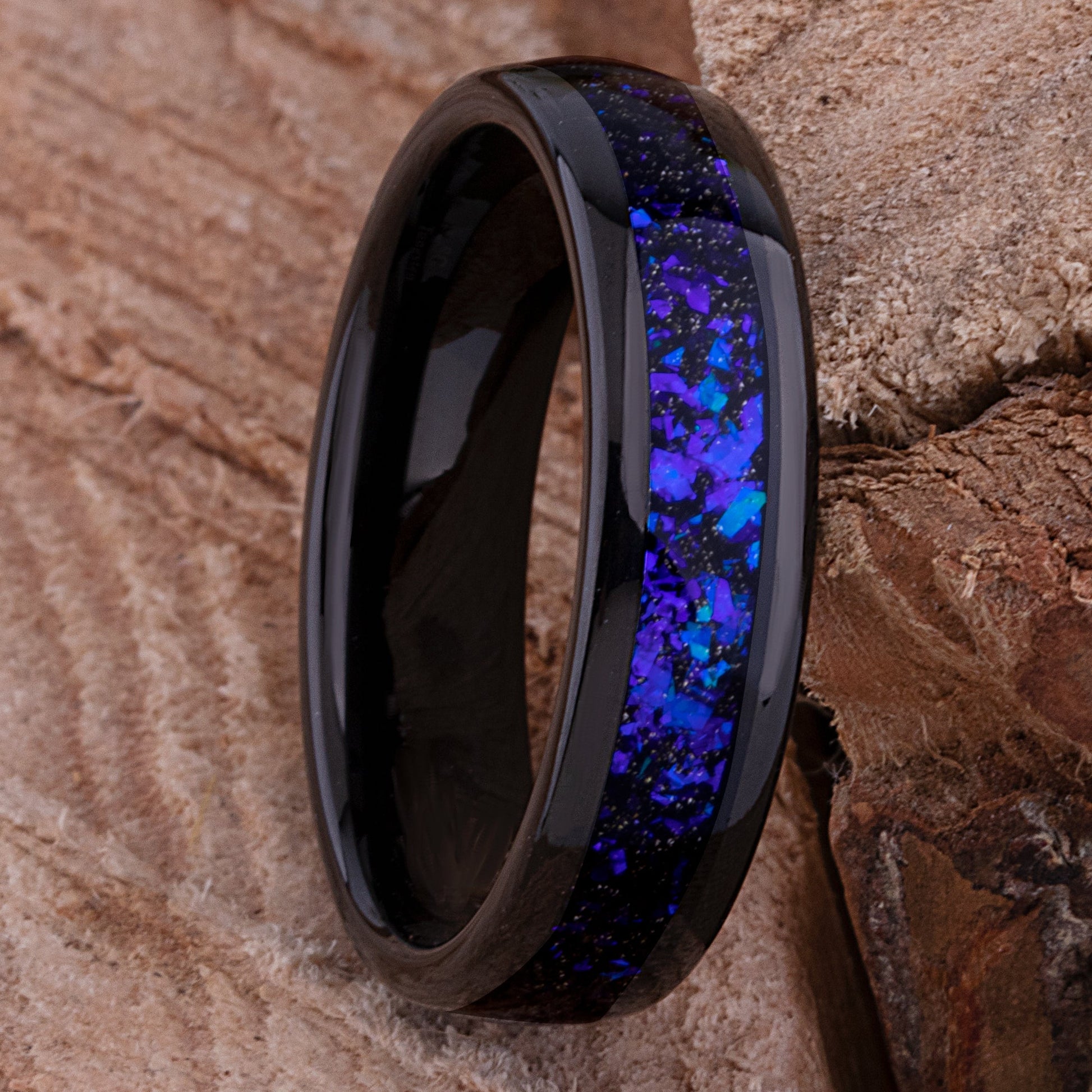 Celestial Galaxy Tungsten Wedding Band or Engagement Ring 6mm Wide Black IP Plating with Crushed Sandstone Inlay that Mimics the Orion Nebula