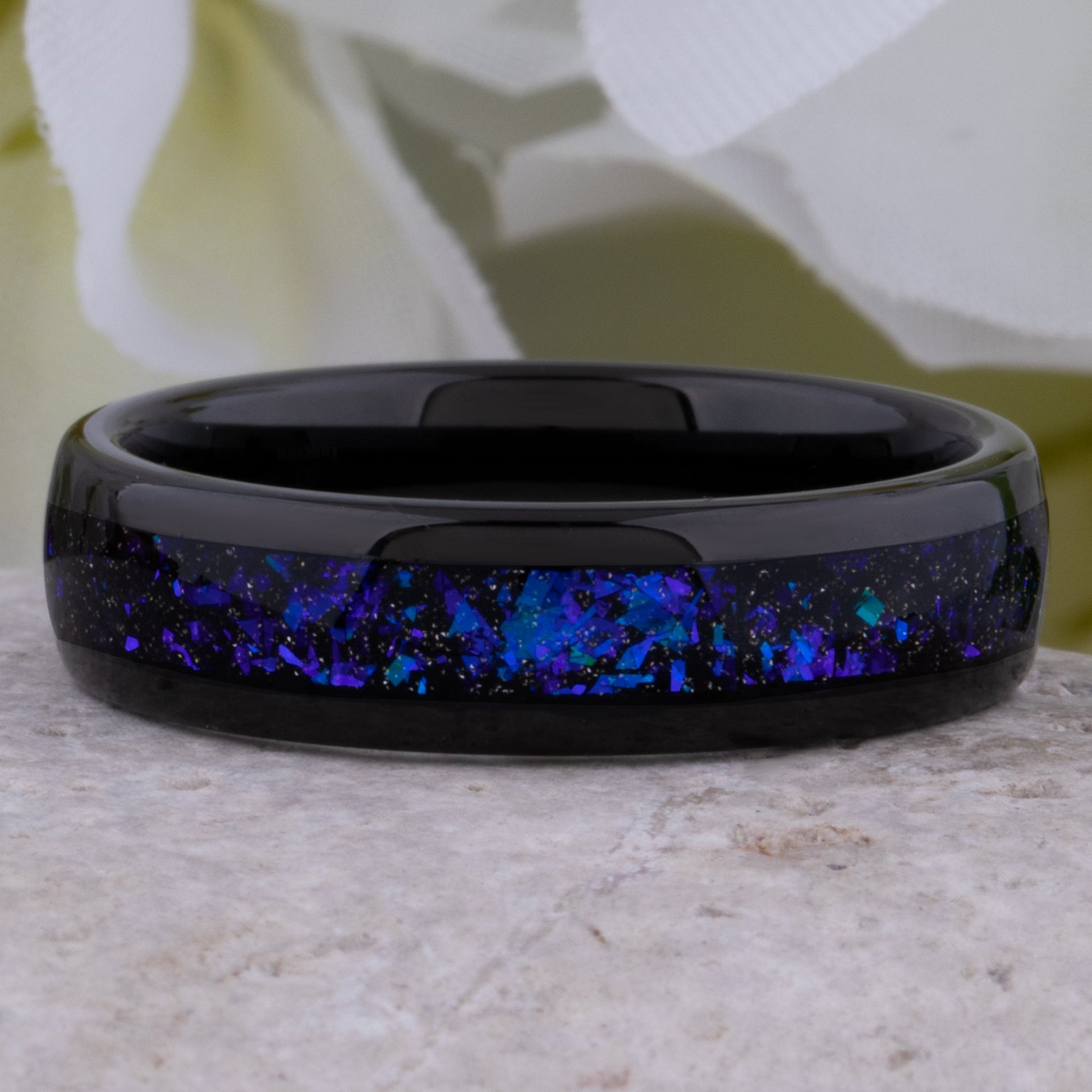 Celestial Galaxy Tungsten Wedding Band or Engagement Ring 6mm Wide Black IP Plating with Crushed Sandstone Inlay that Mimics the Orion Nebula