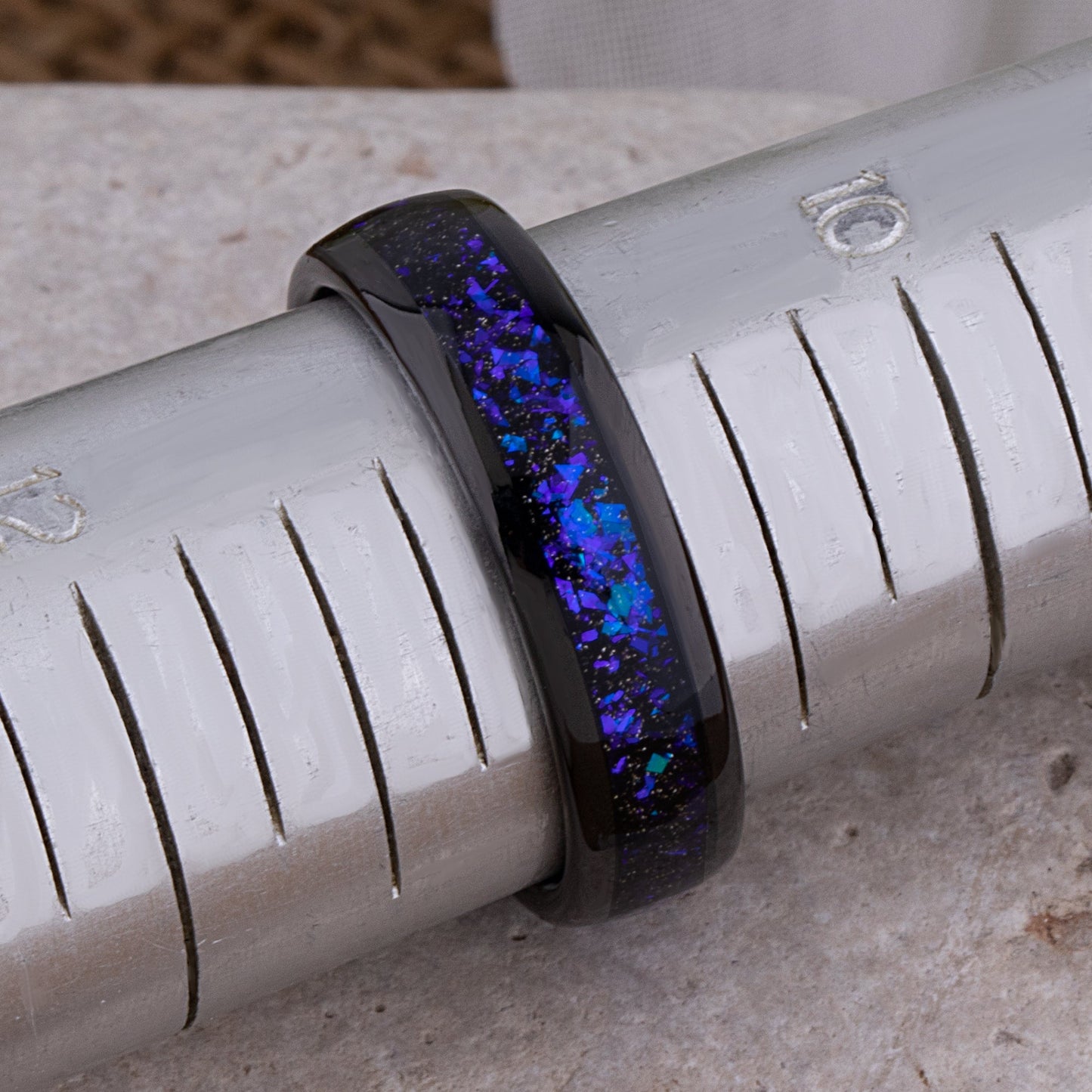 Celestial Galaxy Tungsten Wedding Band or Engagement Ring 6mm Wide Black IP Plating with Crushed Sandstone Inlay that Mimics the Orion Nebula