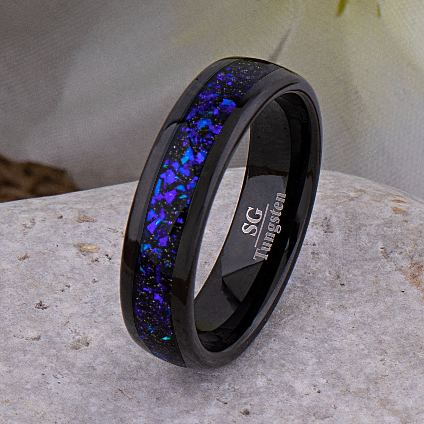 Celestial Galaxy Tungsten Wedding Band or Engagement Ring 6mm Wide Black IP Plating with Crushed Sandstone Inlay that Mimics the Orion Nebula
