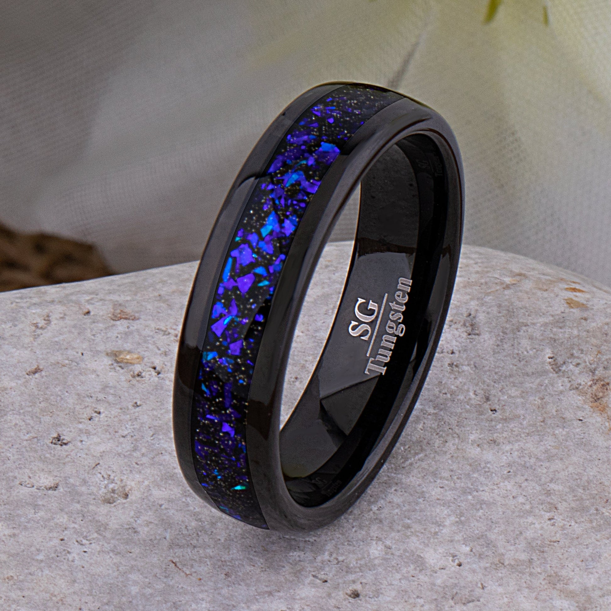 Celestial Galaxy Tungsten Wedding Band or Engagement Ring 6mm Wide Black IP Plating with Crushed Sandstone Inlay that Mimics the Orion Nebula