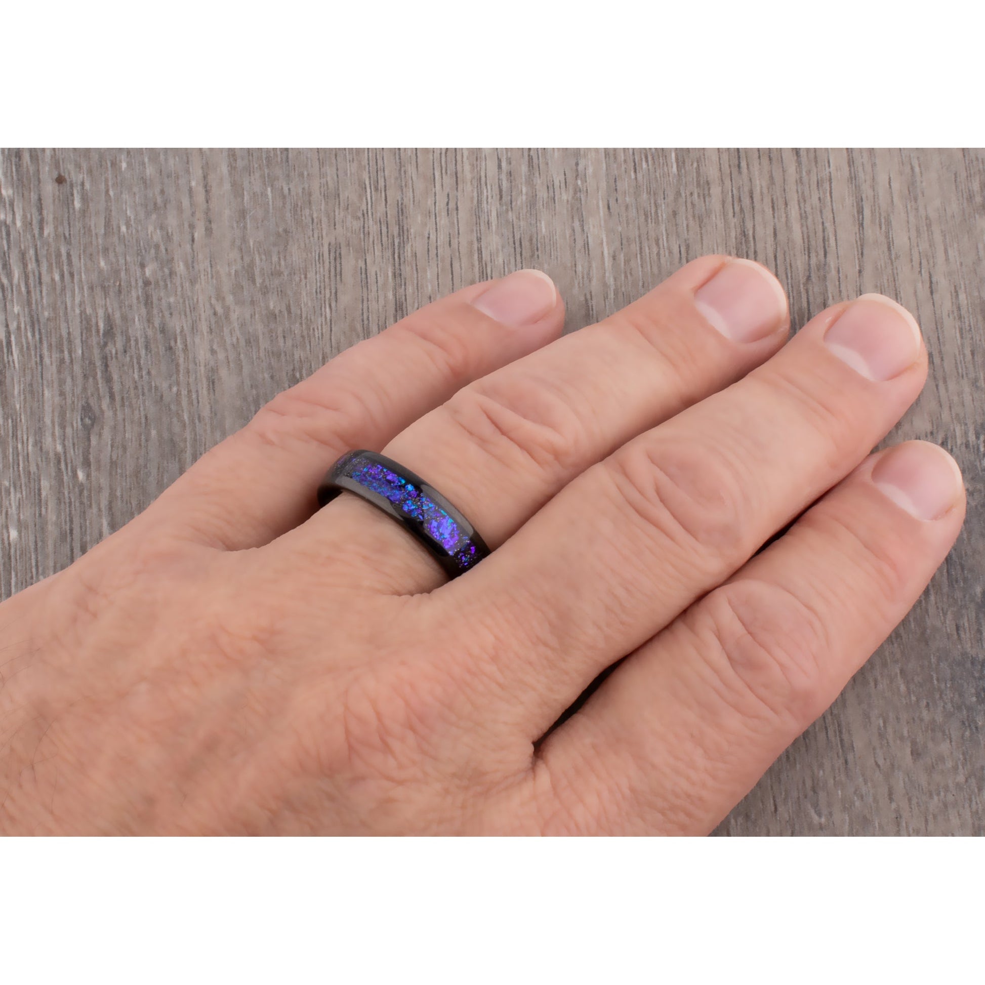 Celestial Galaxy Tungsten Wedding Band or Engagement Ring 6mm Wide Black IP Plating with Crushed Sandstone Inlay that Mimics the Orion Nebula