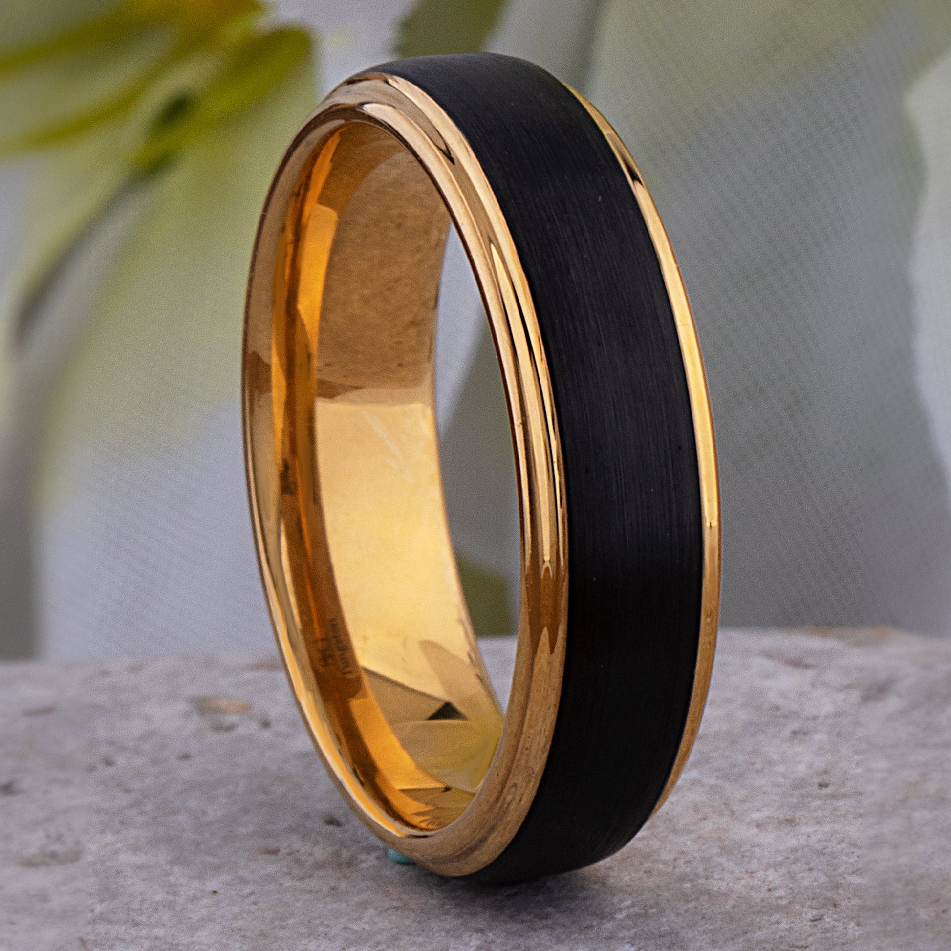 Tungsten Carbide Wedding Band or Man's Engagement Ring 6mm Wide Flat Satin Finish 2-Tone Black and Yellow Gold IP Plating