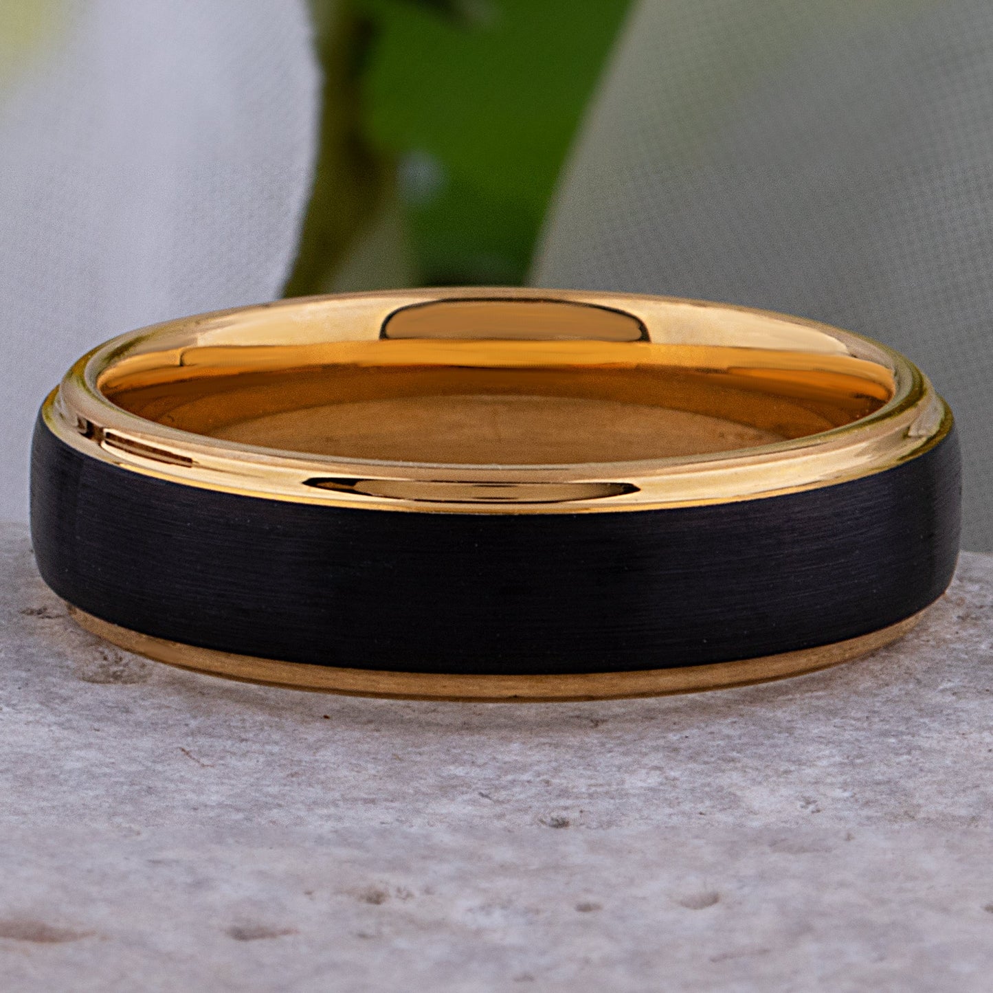 Tungsten Carbide Wedding Band or Man's Engagement Ring 6mm Wide Flat Satin Finish 2-Tone Black and Yellow Gold IP Plating