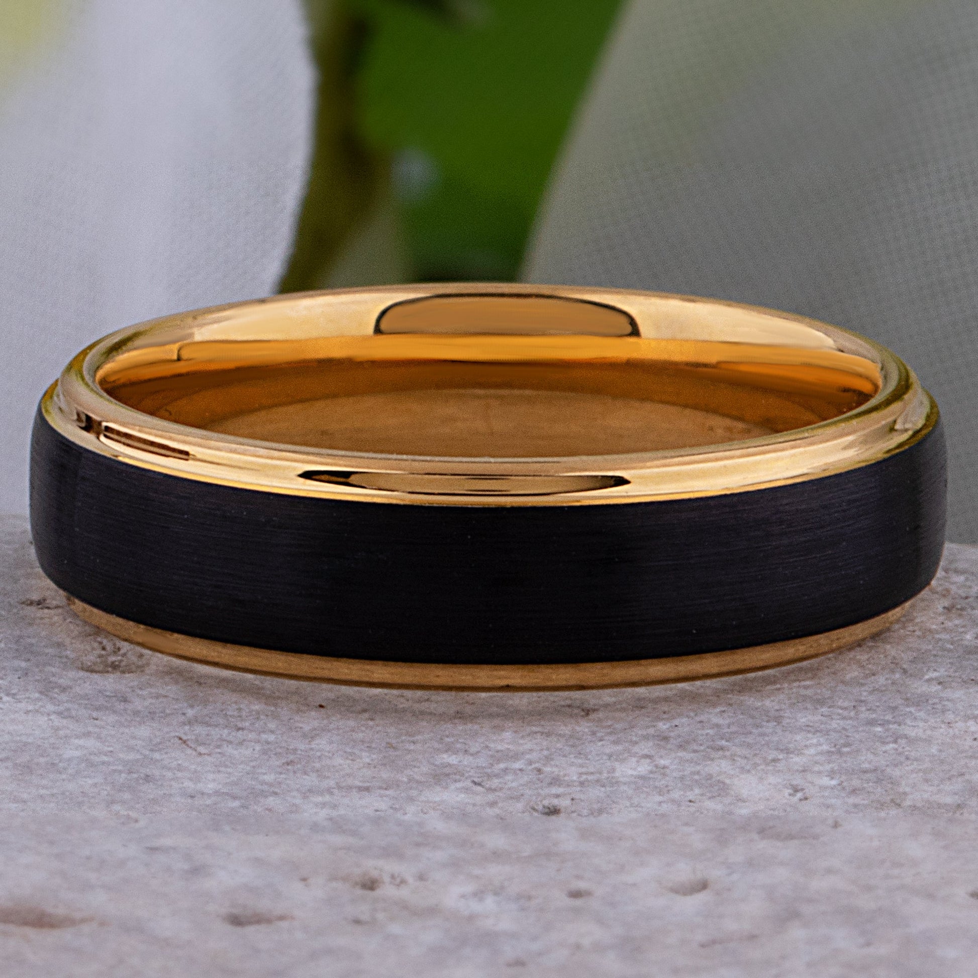 Tungsten Carbide Wedding Band or Man's Engagement Ring 6mm Wide Flat Satin Finish 2-Tone Black and Yellow Gold IP Plating