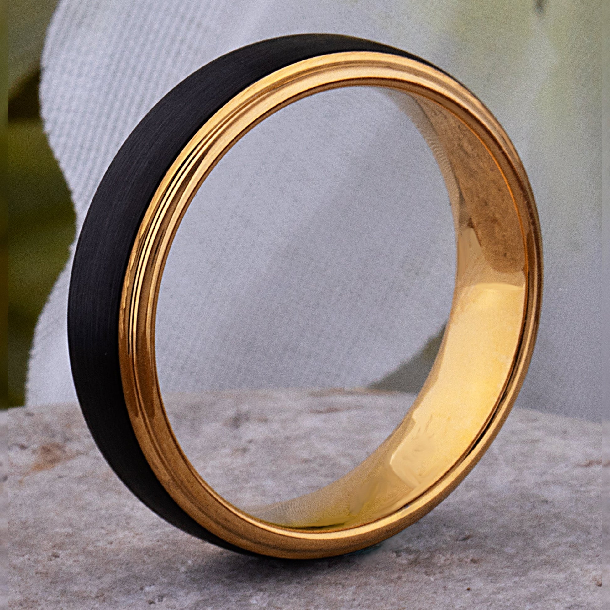 Tungsten Carbide Wedding Band or Man's Engagement Ring 6mm Wide Flat Satin Finish 2-Tone Black and Yellow Gold IP Plating