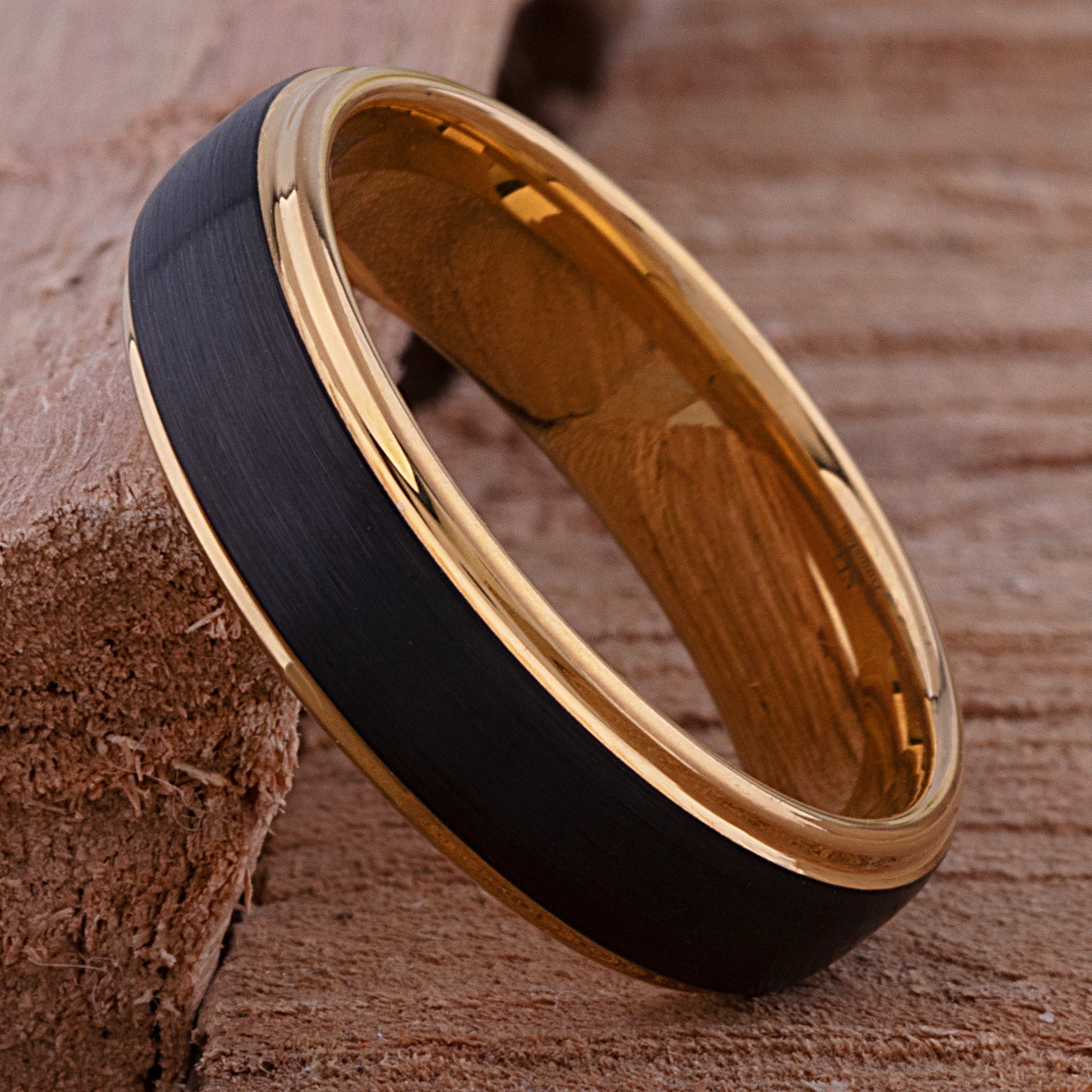 Tungsten Carbide Wedding Band or Man's Engagement Ring 6mm Wide Flat Satin Finish 2-Tone Black and Yellow Gold IP Plating