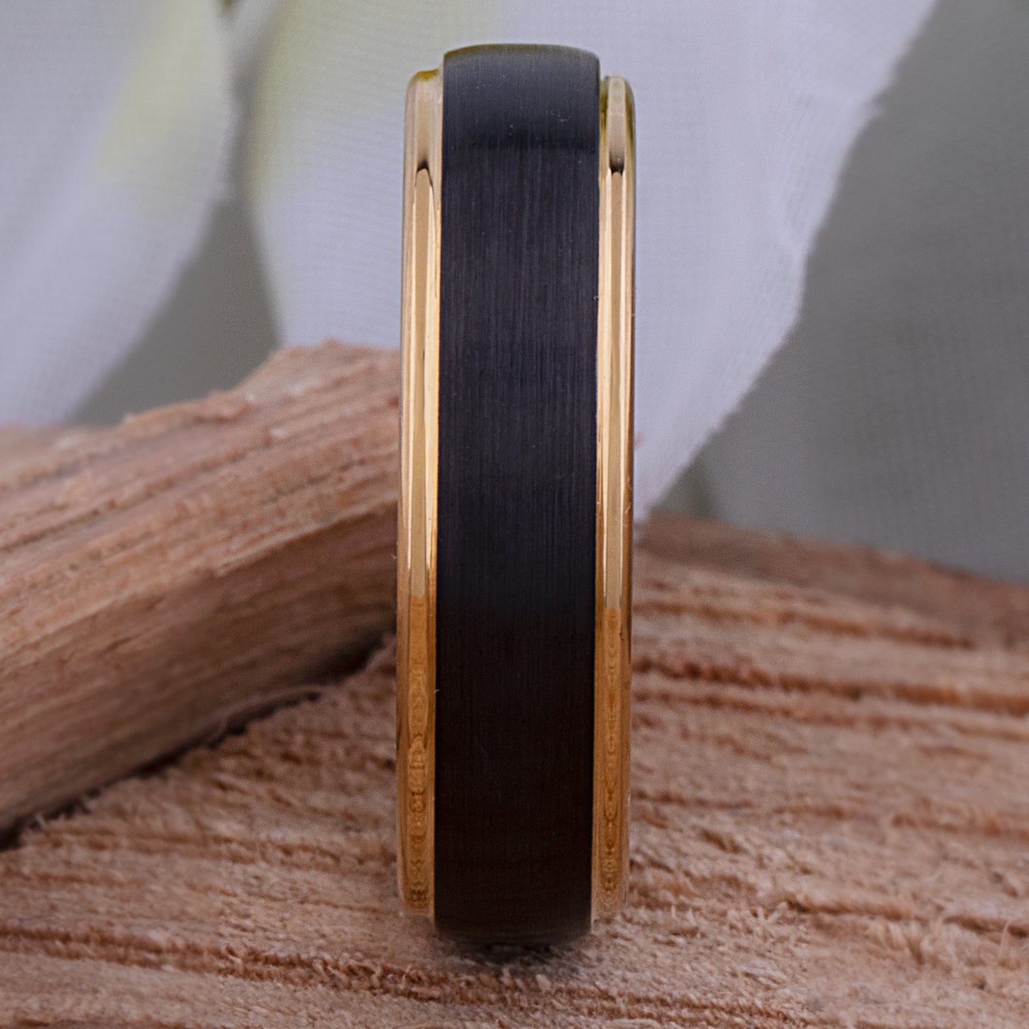 Tungsten Carbide Wedding Band or Man's Engagement Ring 6mm Wide Flat Satin Finish 2-Tone Black and Yellow Gold IP Plating