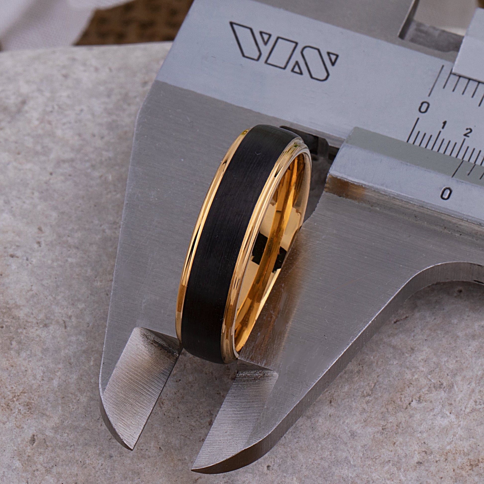 Tungsten Carbide Wedding Band or Man's Engagement Ring 6mm Wide Flat Satin Finish 2-Tone Black and Yellow Gold IP Plating