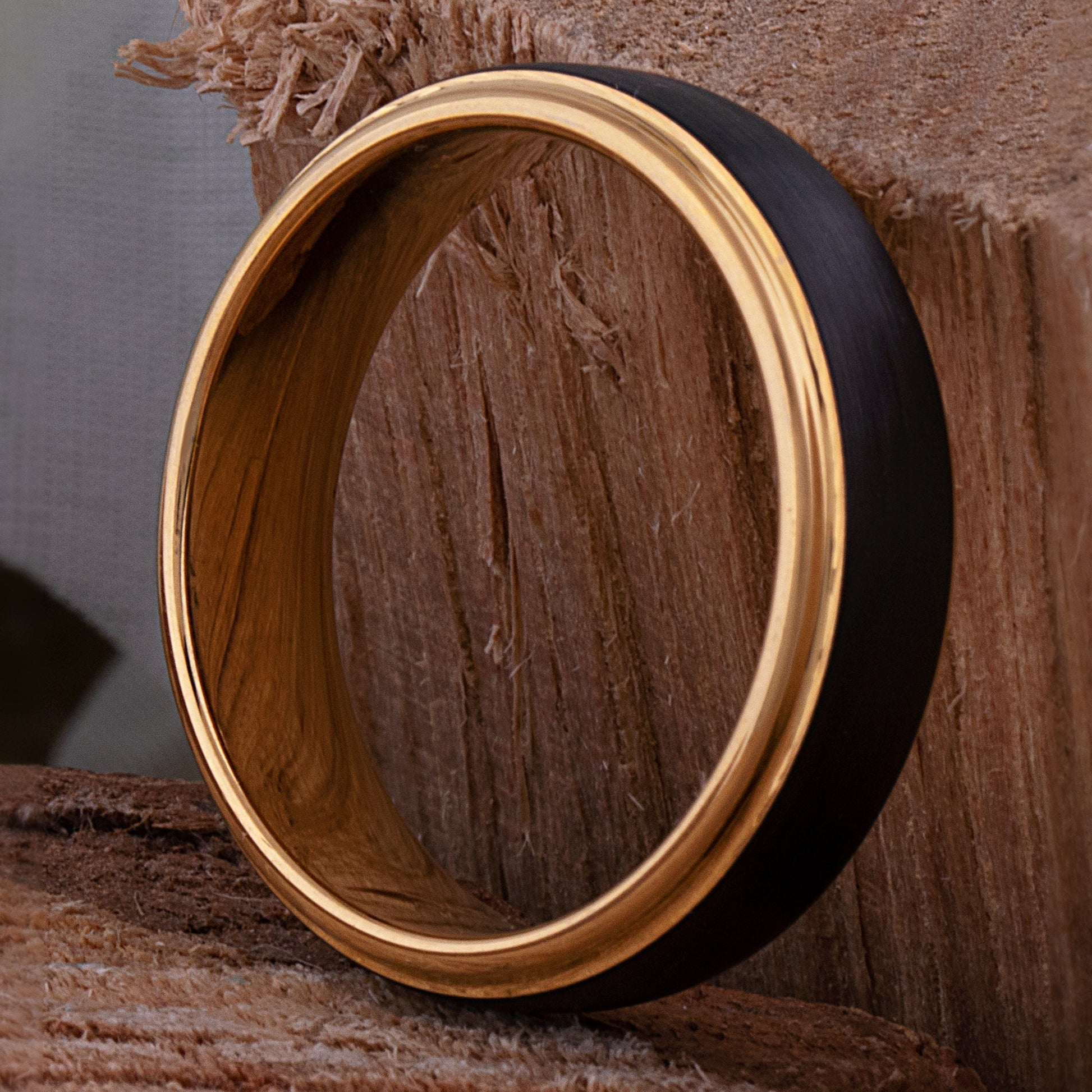Tungsten Carbide Wedding Band or Man's Engagement Ring 6mm Wide Flat Satin Finish 2-Tone Black and Yellow Gold IP Plating