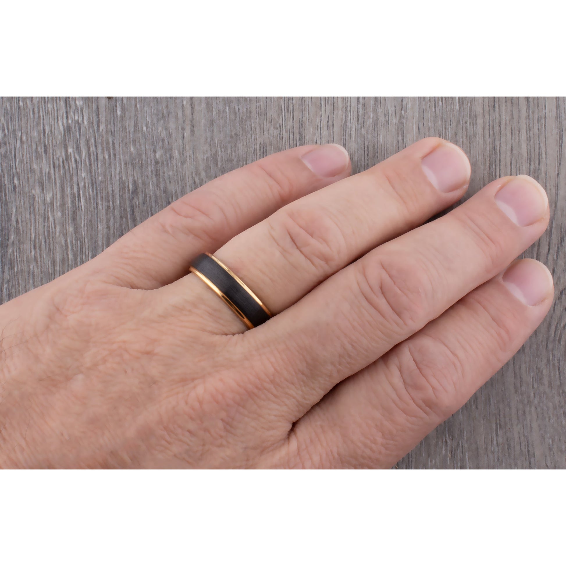 Tungsten Carbide Wedding Band or Man's Engagement Ring 6mm Wide Flat Satin Finish 2-Tone Black and Yellow Gold IP Plating