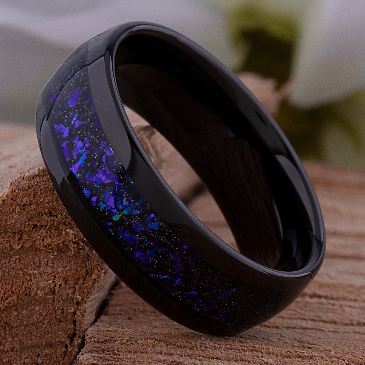 Tungsten Celestial Galaxy Wedding Band 8mm Wide Black IP Plating with Crushed Sandstone Inlay that Mimics the Orion Nebula