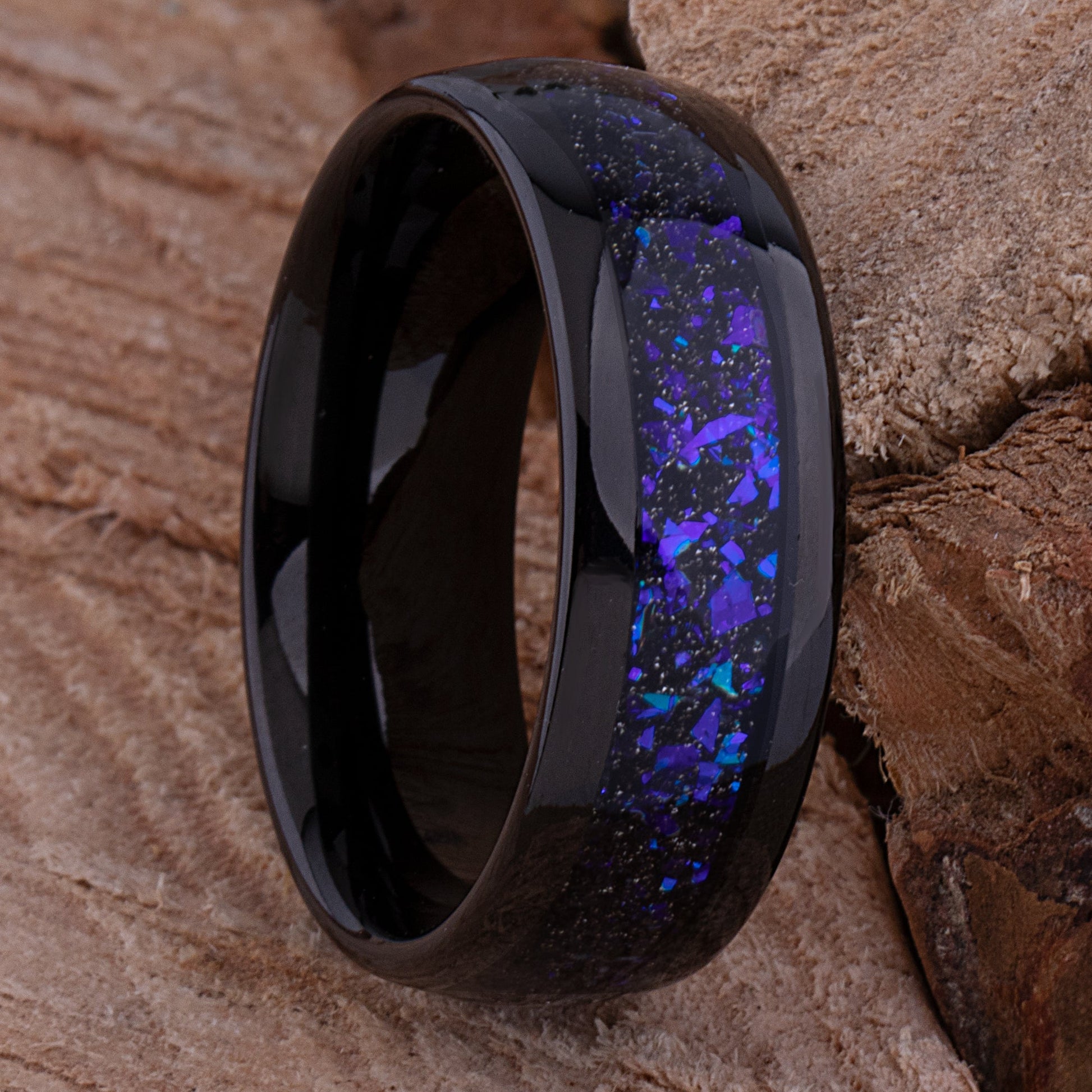 Tungsten Celestial Galaxy Wedding Band 8mm Wide Black IP Plating with Crushed Sandstone Inlay that Mimics the Orion Nebula