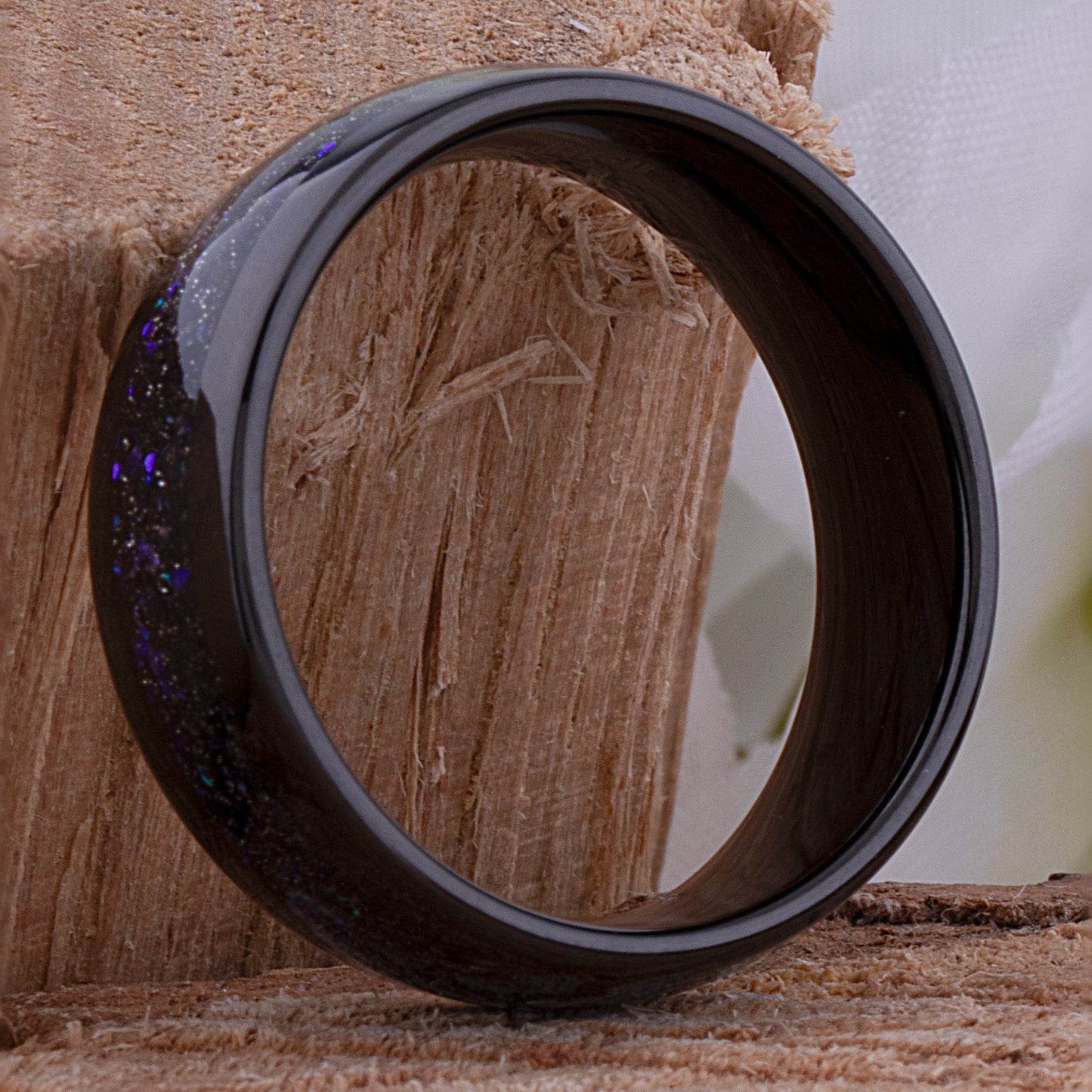 Tungsten Celestial Galaxy Wedding Band 8mm Wide Black IP Plating with Crushed Sandstone Inlay that Mimics the Orion Nebula