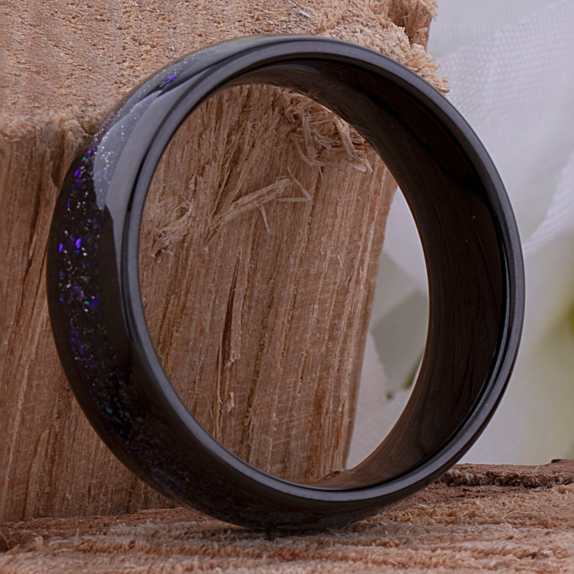 Tungsten Celestial Galaxy Wedding Band 8mm Wide Black IP Plating with Crushed Sandstone Inlay that Mimics the Orion Nebula