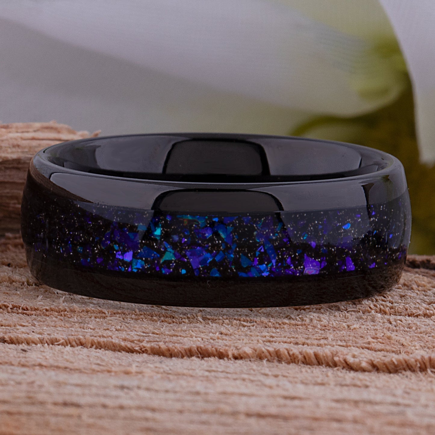Tungsten Celestial Galaxy Wedding Band 8mm Wide Black IP Plating with Crushed Sandstone Inlay that Mimics the Orion Nebula