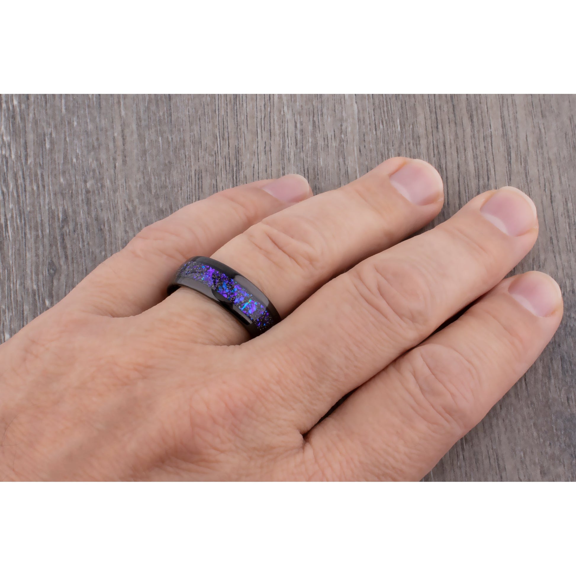 Tungsten Celestial Galaxy Wedding Band 8mm Wide Black IP Plating with Crushed Sandstone Inlay that Mimics the Orion Nebula