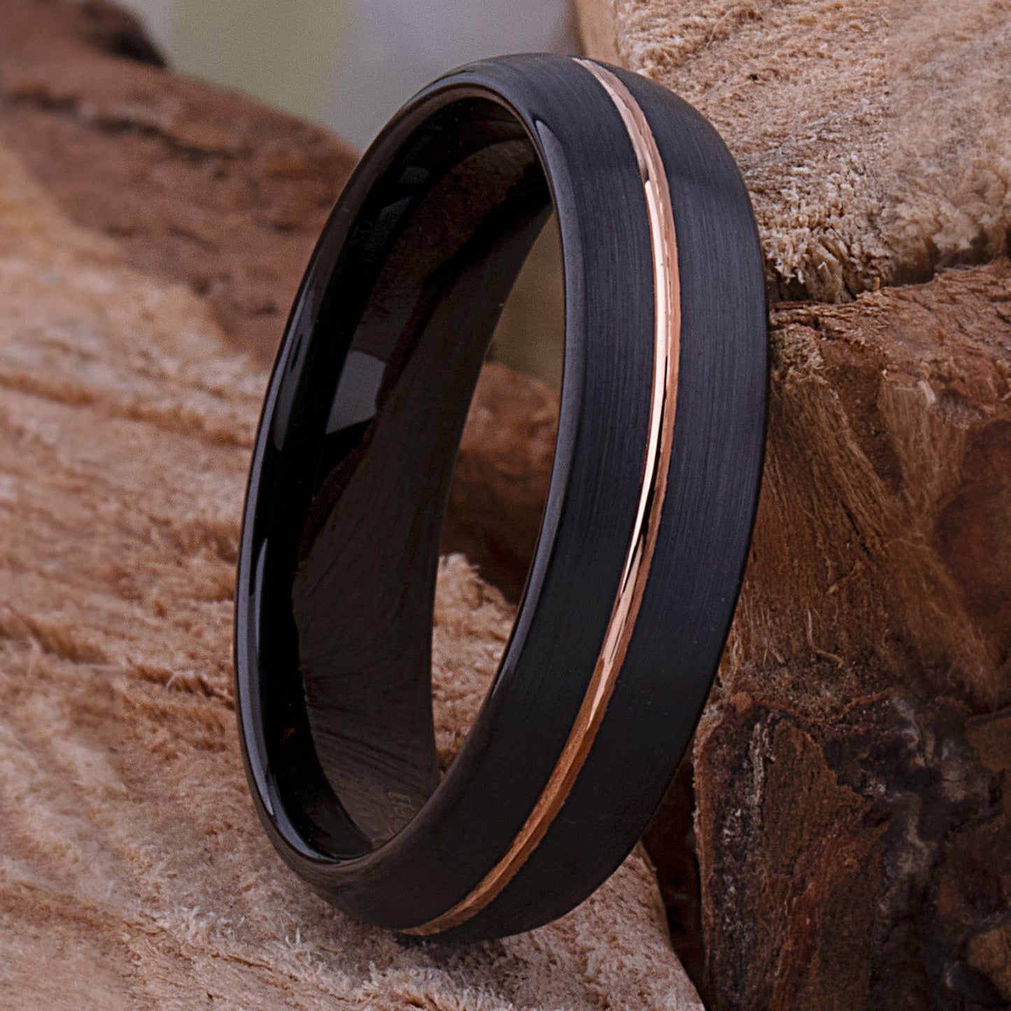 Tungsten Wedding Band or Engagement Ring 6mm Wide Satin Finish 2-Tone Black and Rose Gold IP Plating