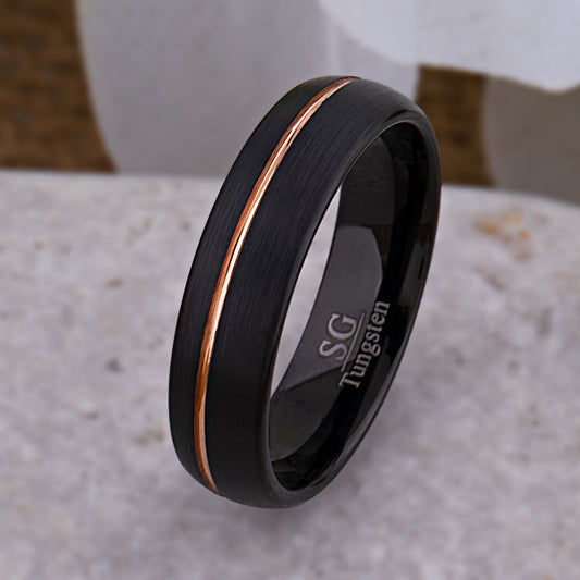 Tungsten Wedding Band or Engagement Ring 6mm Wide Satin Finish 2-Tone Black and Rose Gold IP Plating