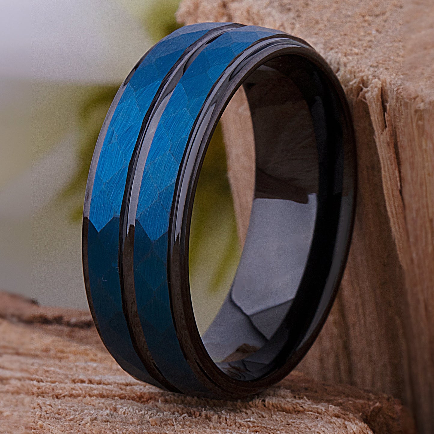 Tungsten Men's Wedding Band or Engagement Ring 8mm Wide Diamond Cut Satin Finish Two-Tone Blue & Black Ion Plating
