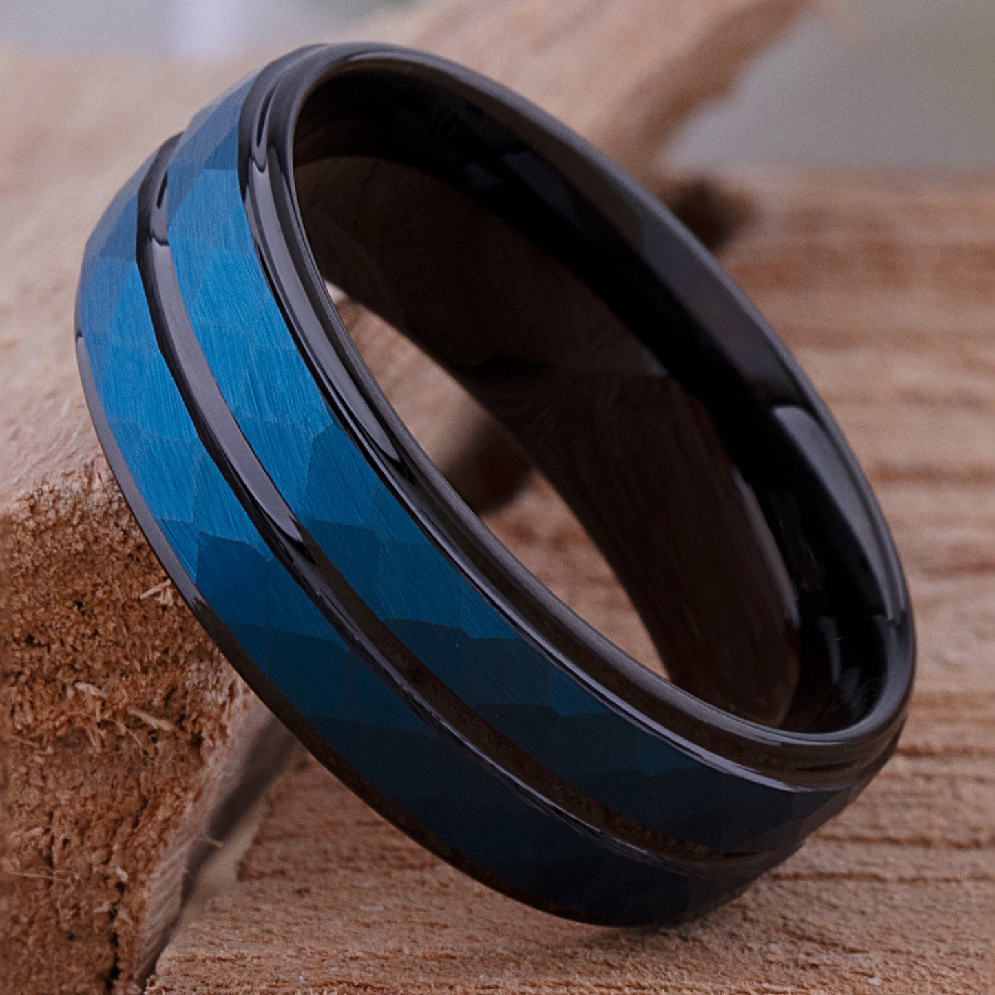 Tungsten Men's Wedding Band or Engagement Ring 8mm Wide Diamond Cut Satin Finish Two-Tone Blue & Black Ion Plating